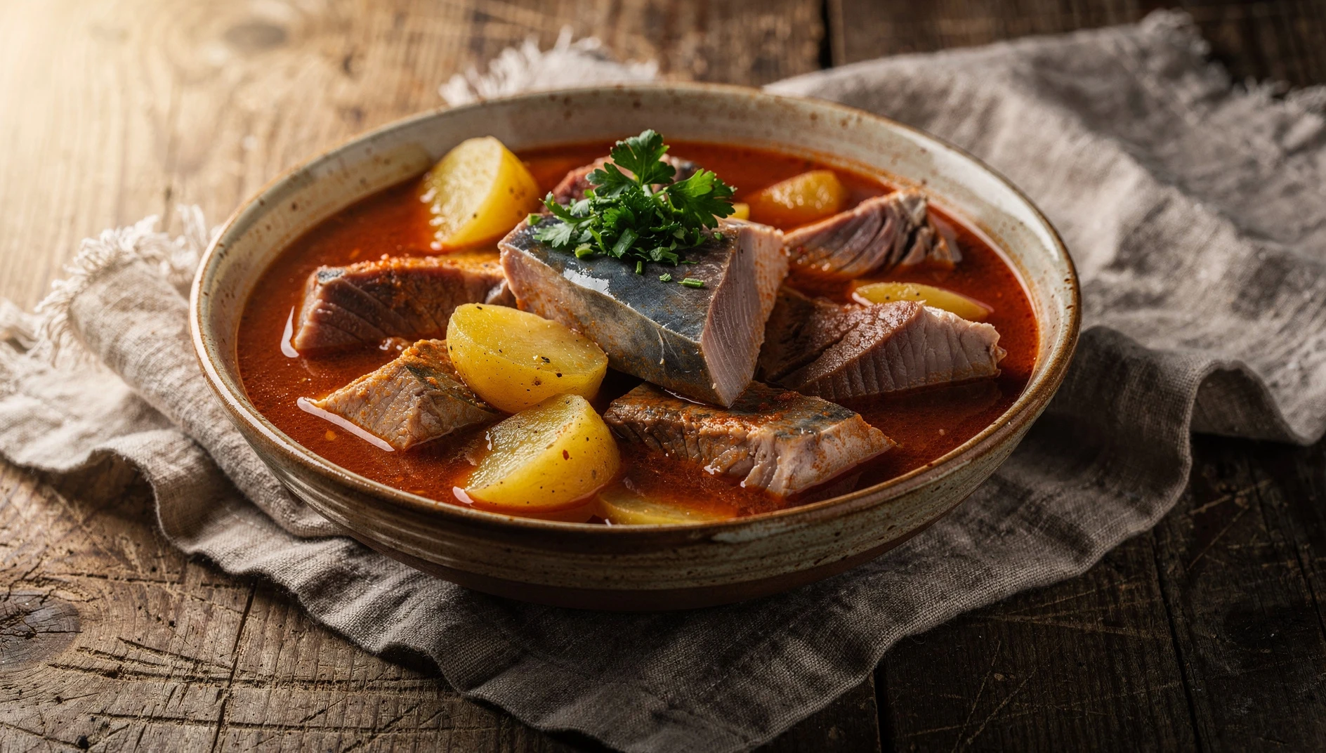 Sorropotún cántabro servido en cazuela de barro con bonito y patatas en caldo espeso