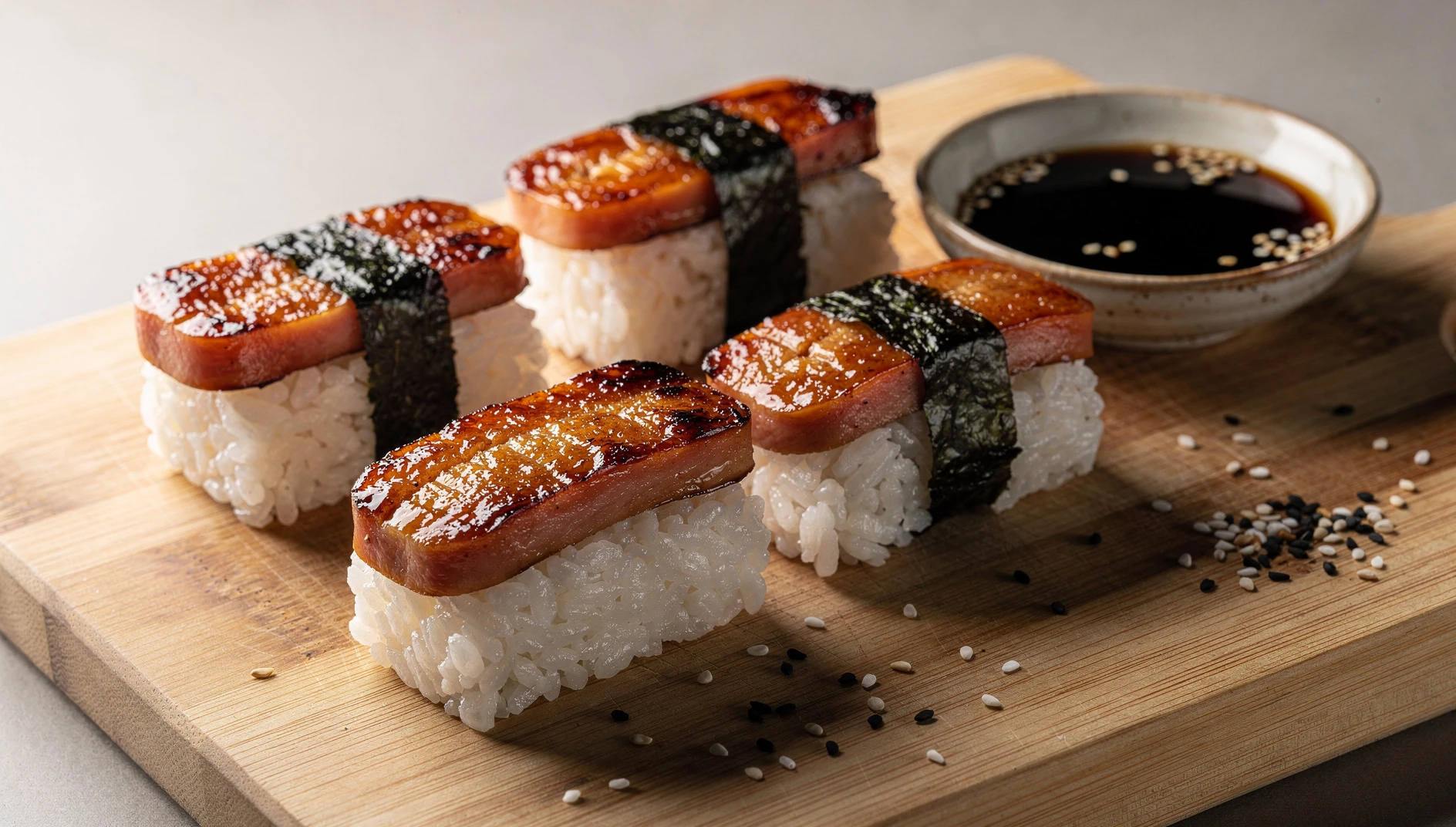 Spam musubi hawaiano con arroz de sushi y alga nori sobre tabla de madera