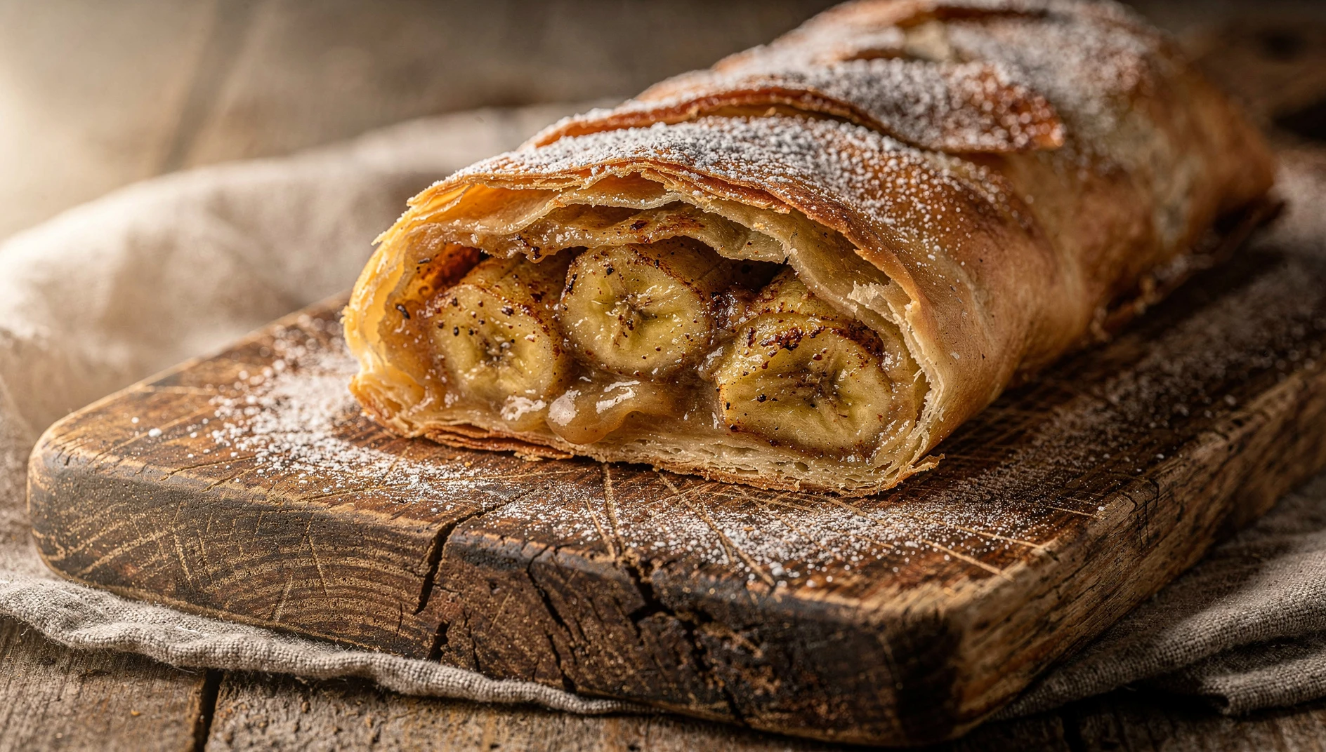 Strudel de plátano oxapampino cortado en rodajas sobre tabla de madera, espolvoreado con azúcar impalpable