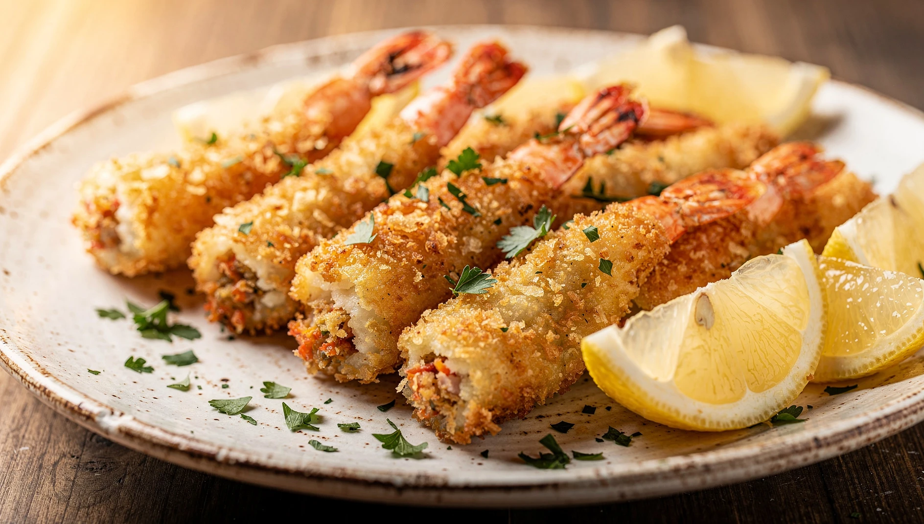 Camarones rellenos estilo Shreveport fritos y dorados con relleno criollo cajún, servidos con limón y perejil fresco