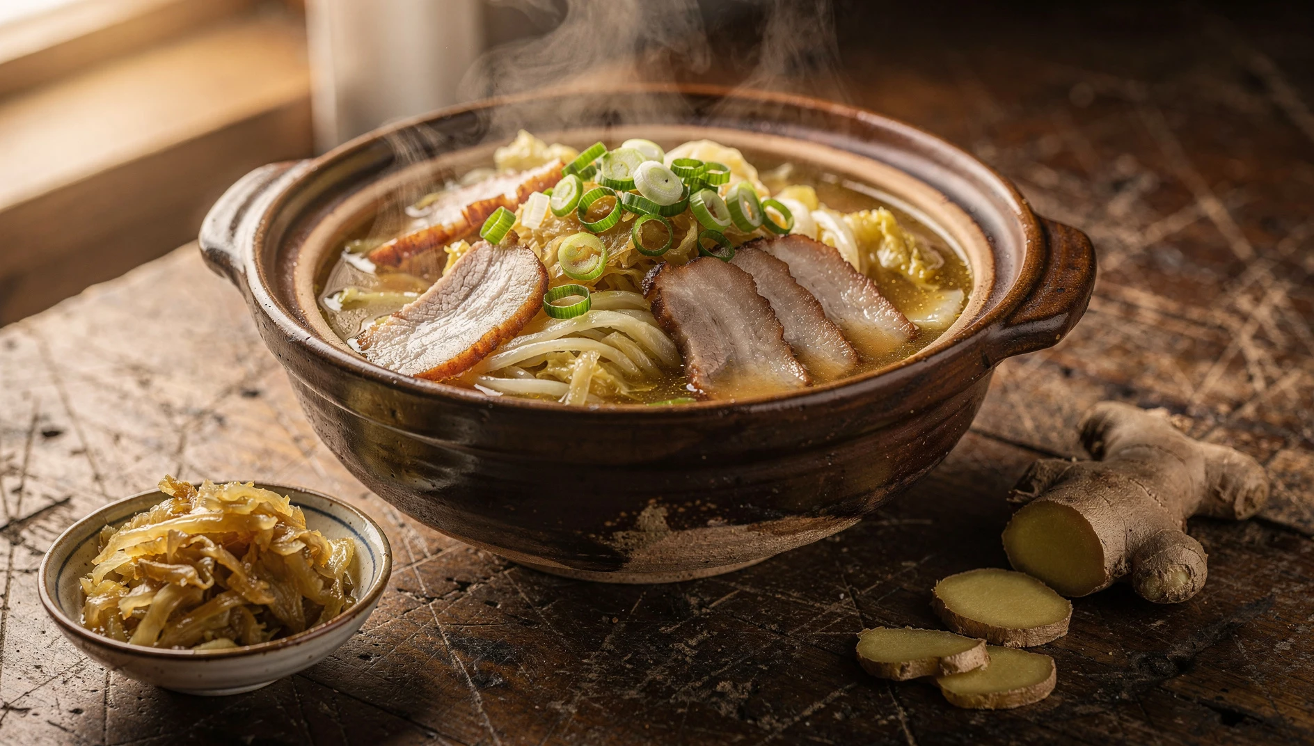 Cazuela de col encurtida y panceta de cerdo estilo Dongbei servida en olla de barro con caldo dorado y cebolleta picada