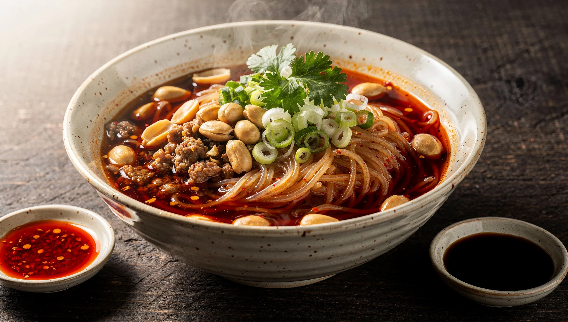 Bol de suan la fen de Chongqing con fideos de boniato, caldo picante rojizo, cacahuetes tostados y cebolleta fresca
