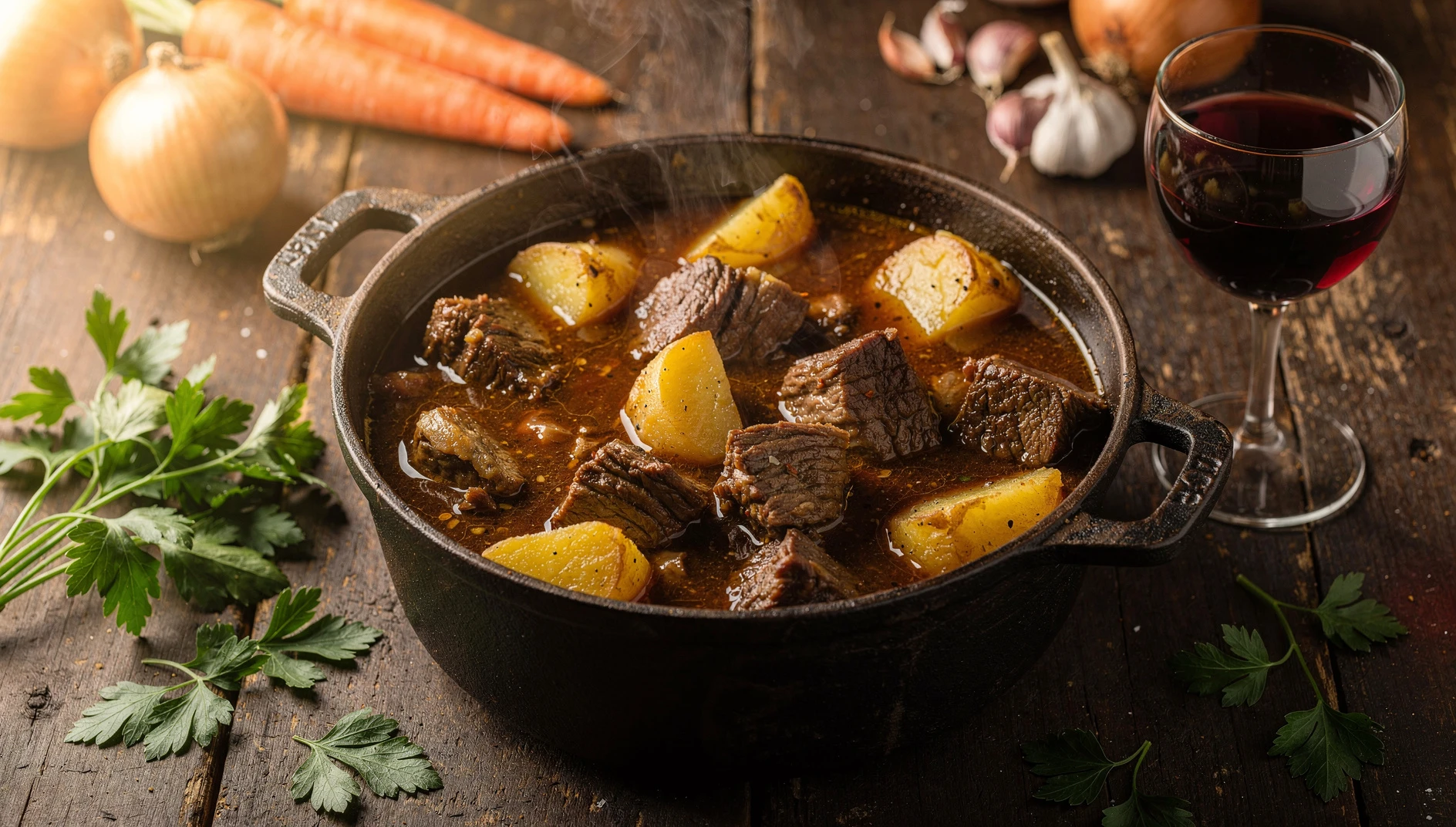 Cazuela de sukalki vasco con trozos de ternera y patatas en salsa sobre mesa de madera rústica
