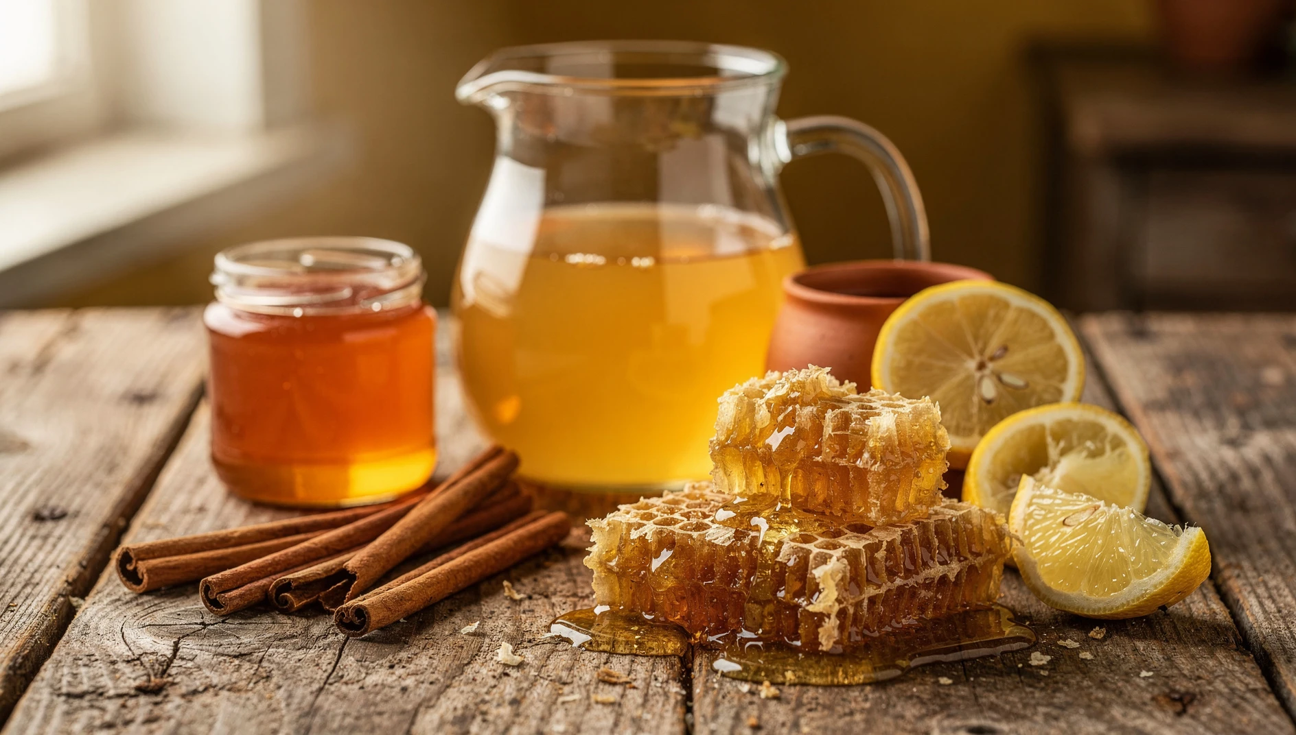 Jarra y vaso de syta ucraniana con miel, canela y rodajas de limón sobre mesa de madera rústica