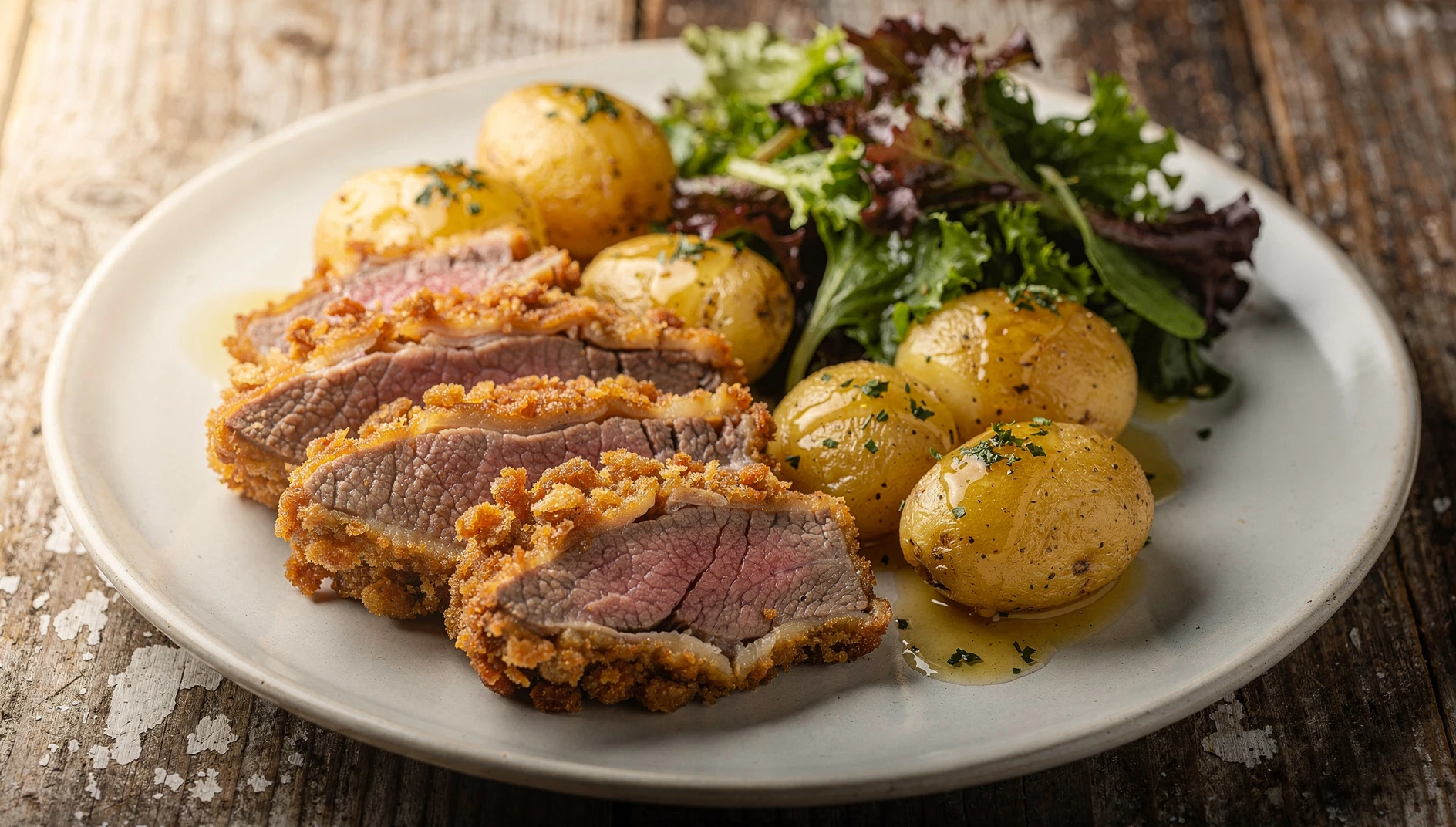 Tablier de sapeur lyonnais crujiente servido con patatas al vapor y ensalada verde en plato de bistró francés