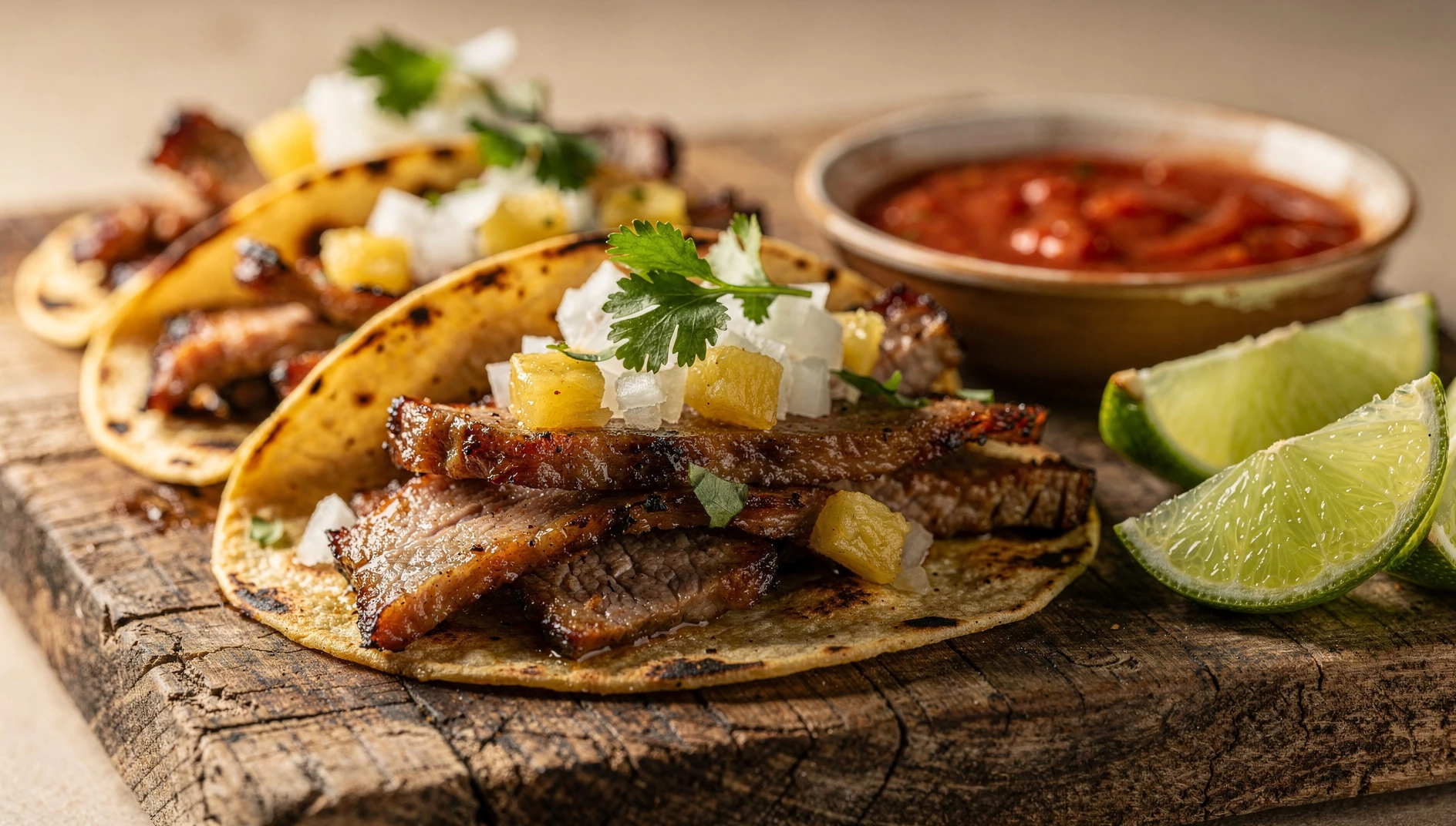 Tacos al pastor caseros con carne de cerdo marinada, piña, cebolla y cilantro sobre tortillas de maíz
