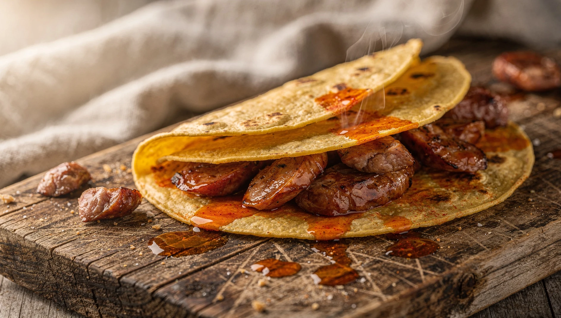 Talo de maíz relleno de chistorra a la plancha servido sobre tabla de madera rústica