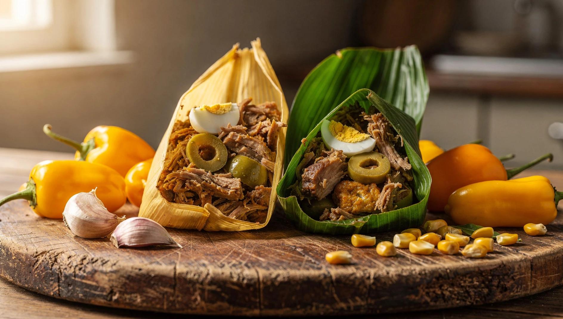 Tamal en hoja de maíz y hoja de plátano servido con ají amarillo