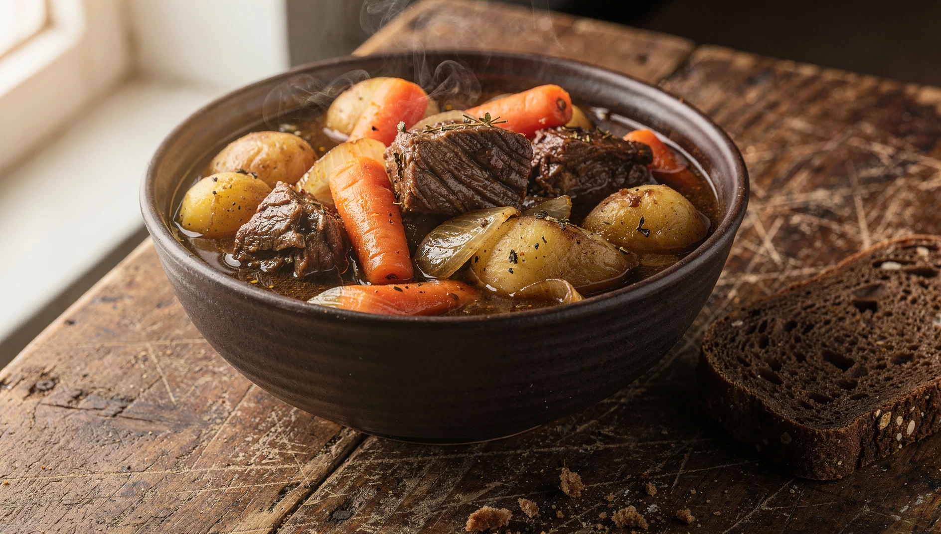 Tansyk yakuto servido en un cuenco de barro con carne de res, zanahorias y patatas en caldo oscuro sobre mesa de madera rústica