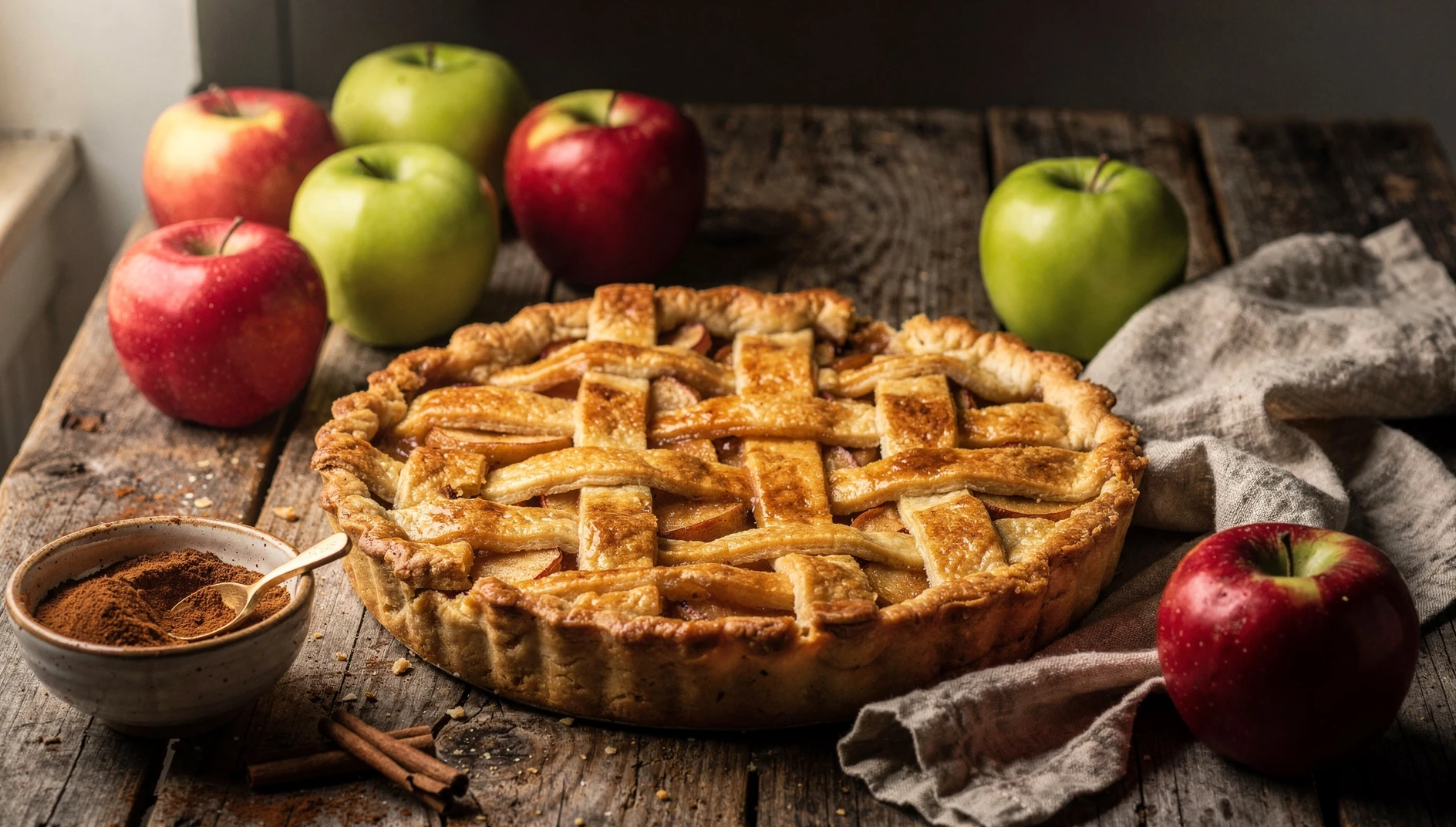 Tarta de manzana vegana con masa dorada y relleno de manzanas especiadas sobre mesa de madera rústica
