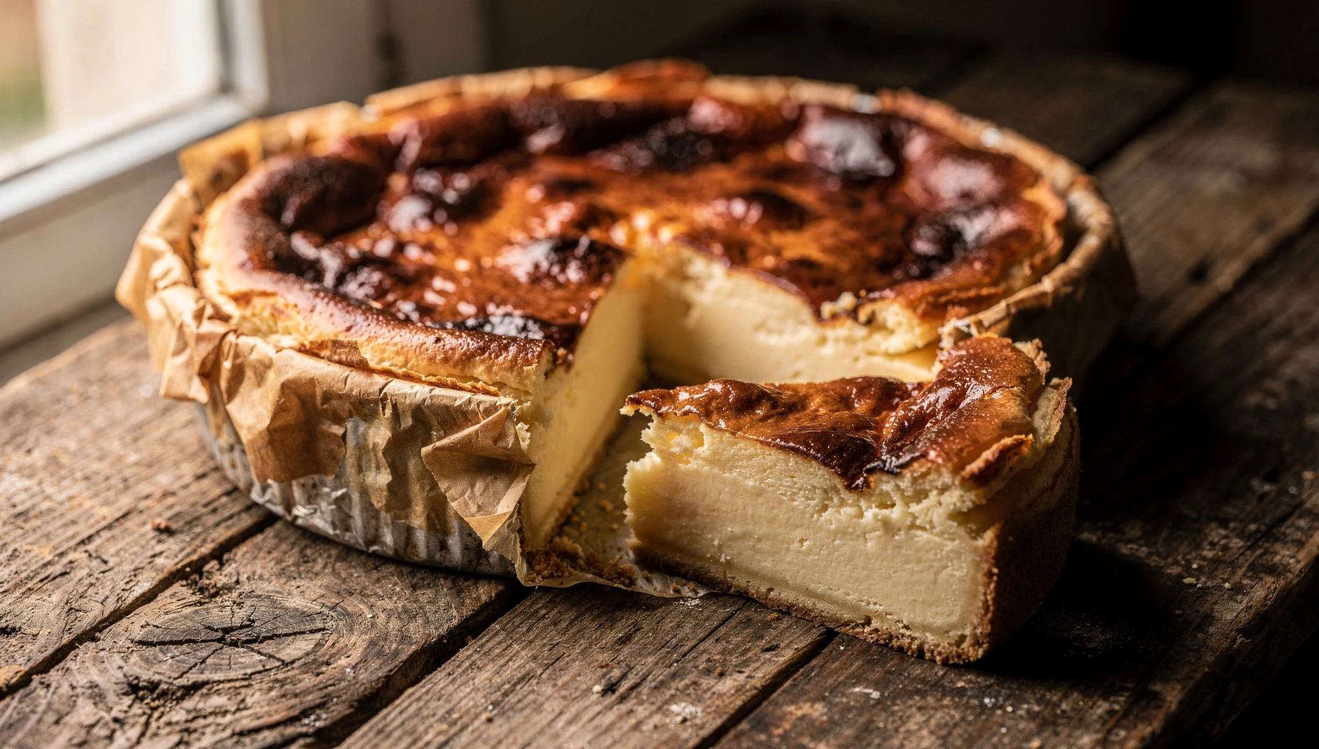 Tarta de queso vasca entera con superficie caramelizada oscura y una porción cortada que muestra el interior cremoso