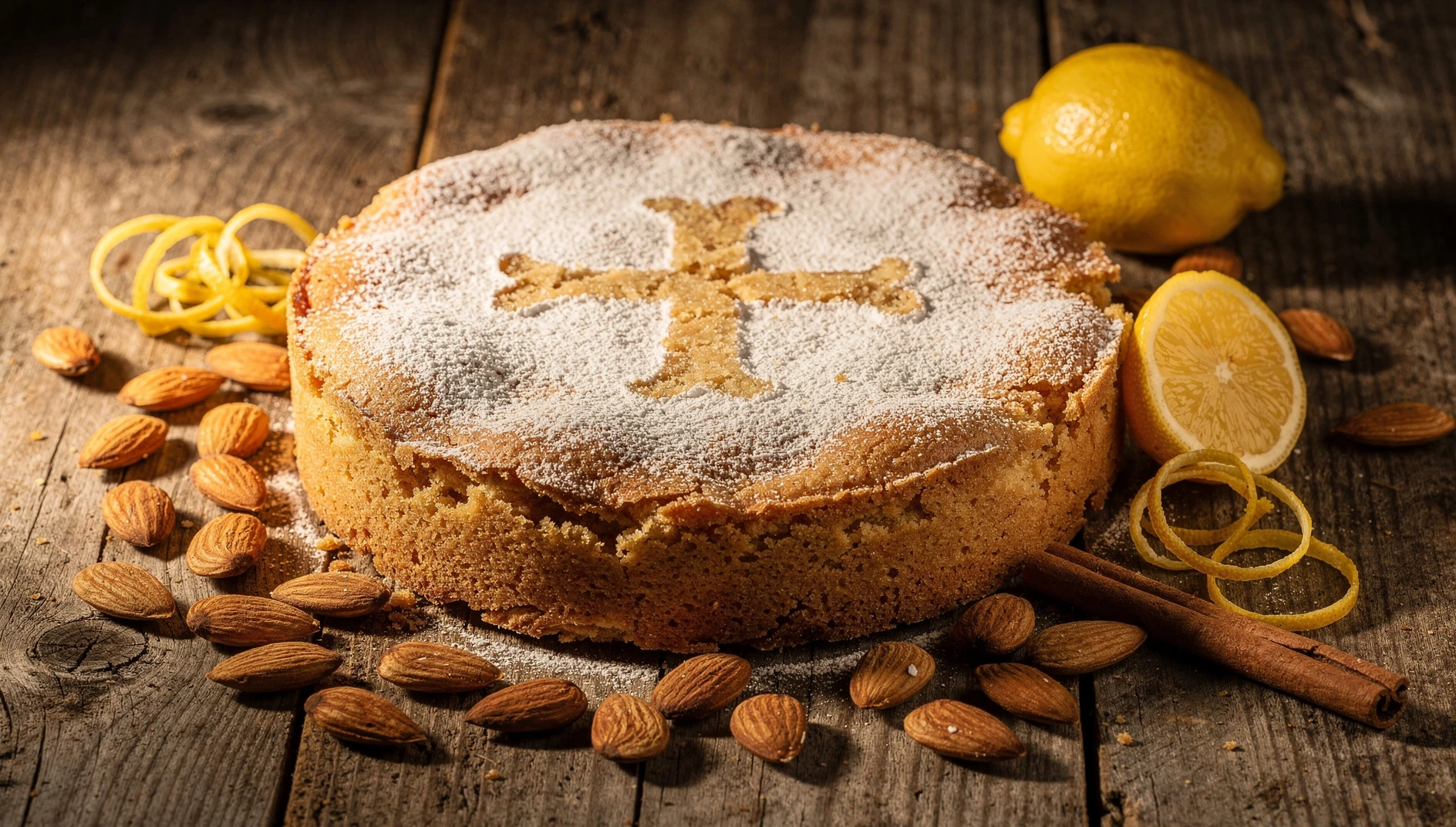 Tarta de Santiago casera con azúcar glas y la Cruz de Santiago sobre una mesa de madera rústica