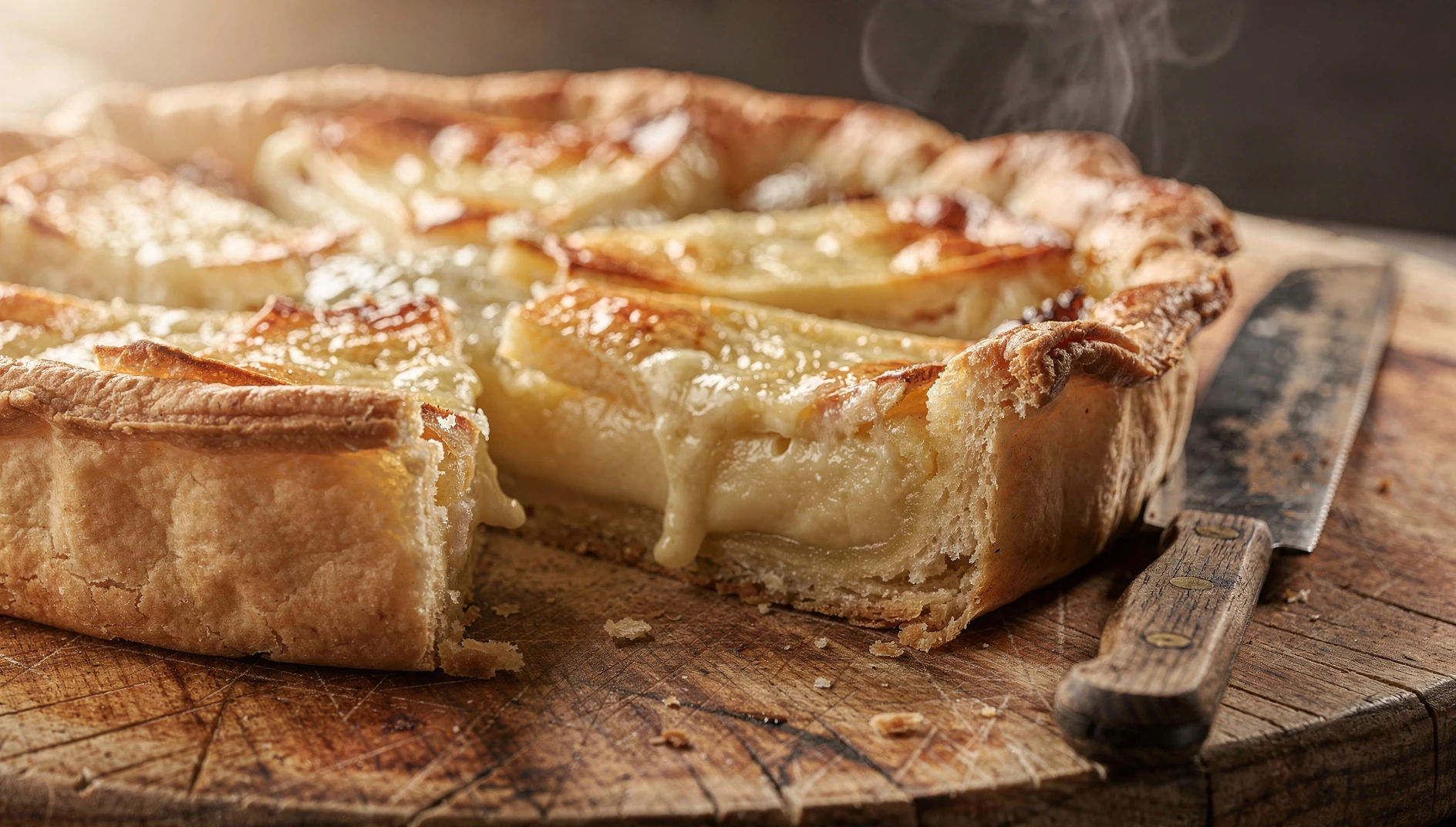 Tarte au maroilles recién horneada con queso fundido y corteza dorada sobre tabla de madera