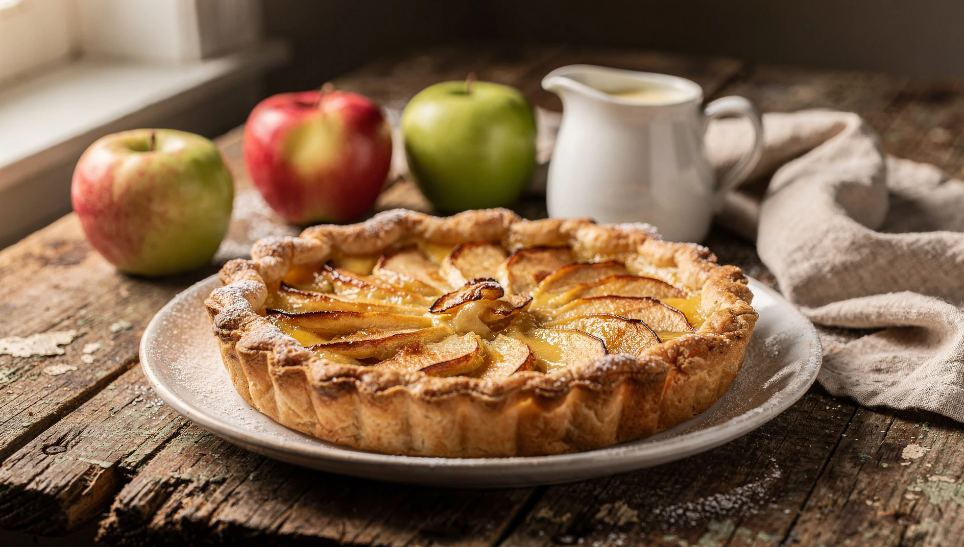 Tarte Normande aux Pommes recién horneada con rodajas de manzana y relleno cremoso sobre mesa de madera rústica