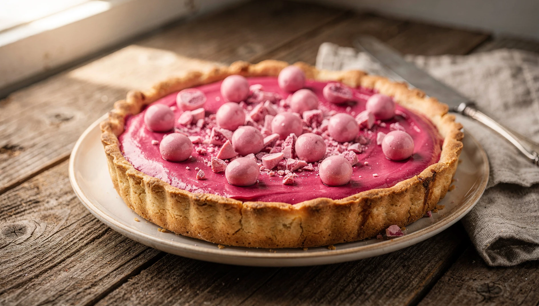 Tarte aux pralines roses de Lyon con relleno brillante de color rosa y base de masa quebrada dorada