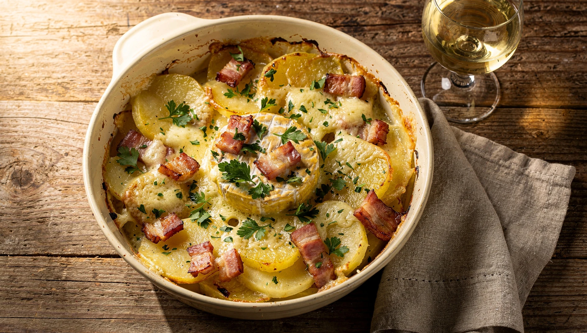 Tartiflette savoyarda recién horneada con queso Reblochon fundido y panceta ahumada sobre papas gratinadas