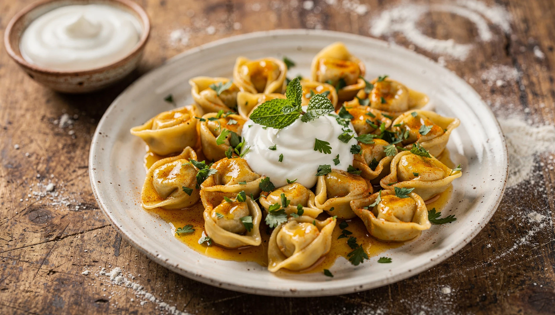 Plato de tatar-ash crimeotártaro con salsa de mantequilla y pimentón y yogur con ajo