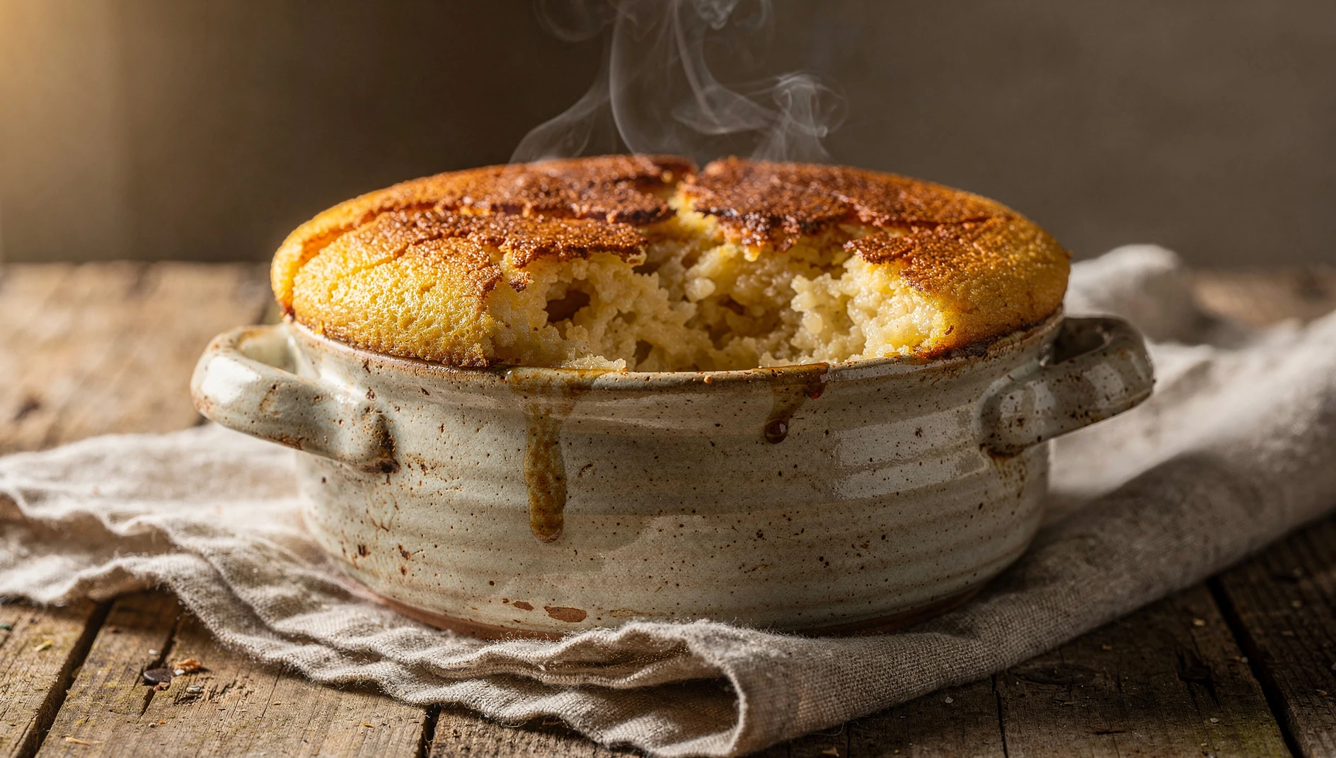 Cazuela de barro con teurgoule normanda recién horneada, con costra caramelizada y canela en rama