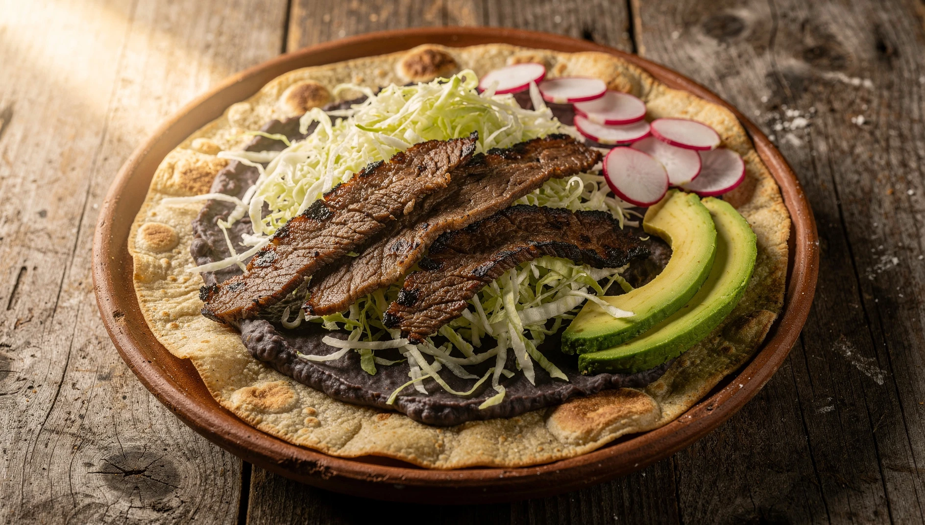 Tlayuda oaxaqueña con frijoles negros, quesillo derretido, tasajo y col fresca sobre plato de barro