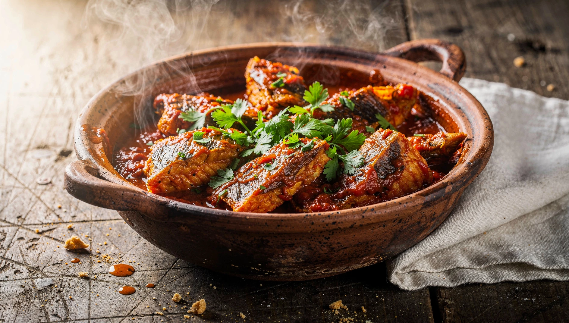 Cazuela de tollos en salsa con trozos de cazón seco en salsa roja de pimentón y perejil fresco, receta tradicional canaria