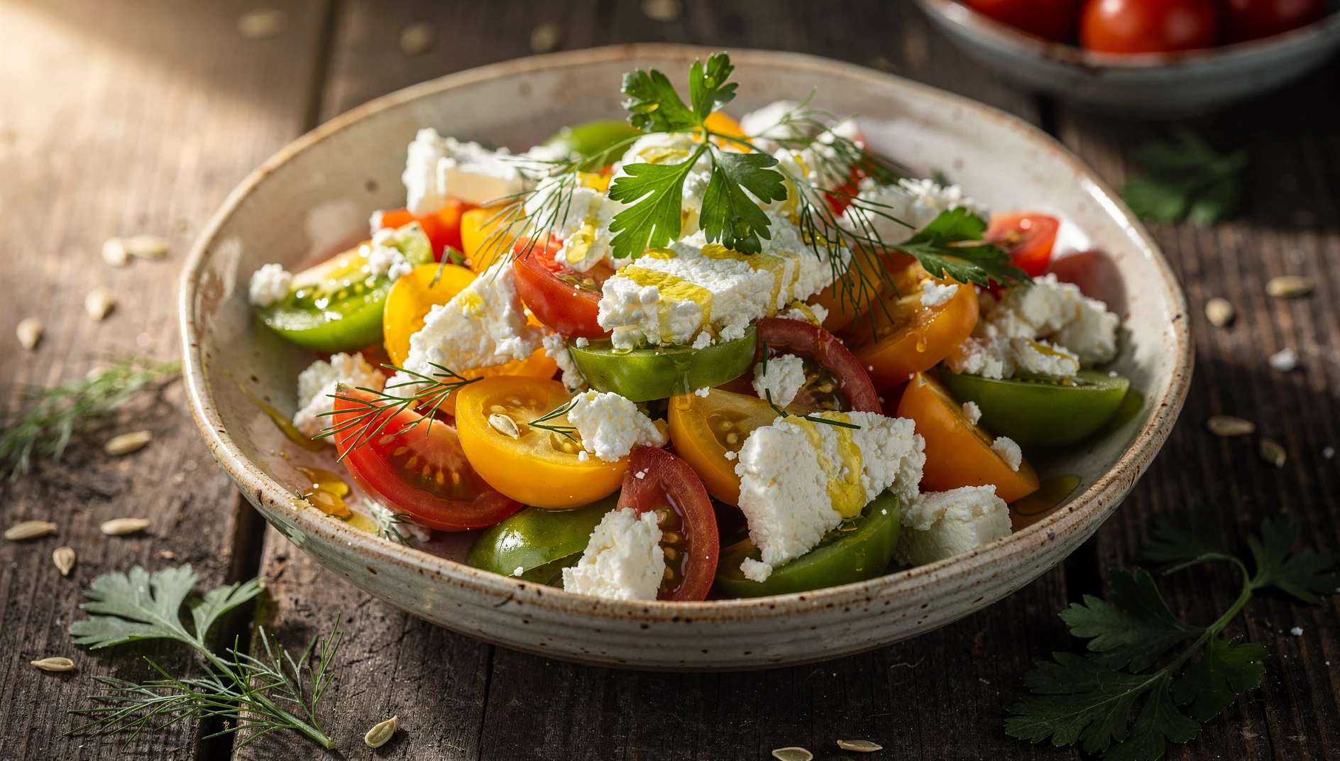 Ensalada de tomates maduros con queso bryndza desmenuzado, eneldo fresco y aceite de girasol en un bol de cerámica