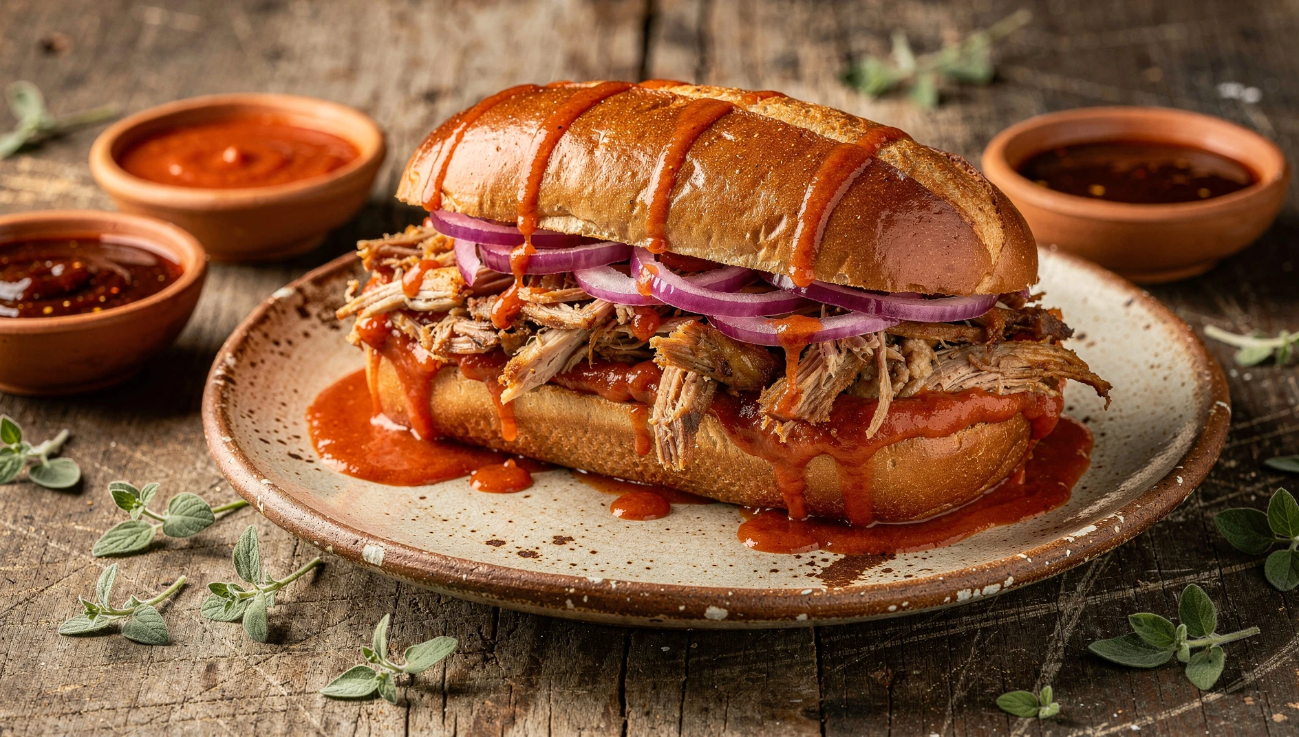 Torta ahogada tapatía bañada en salsa de jitomate con carnitas y cebolla encurtida en plato de barro