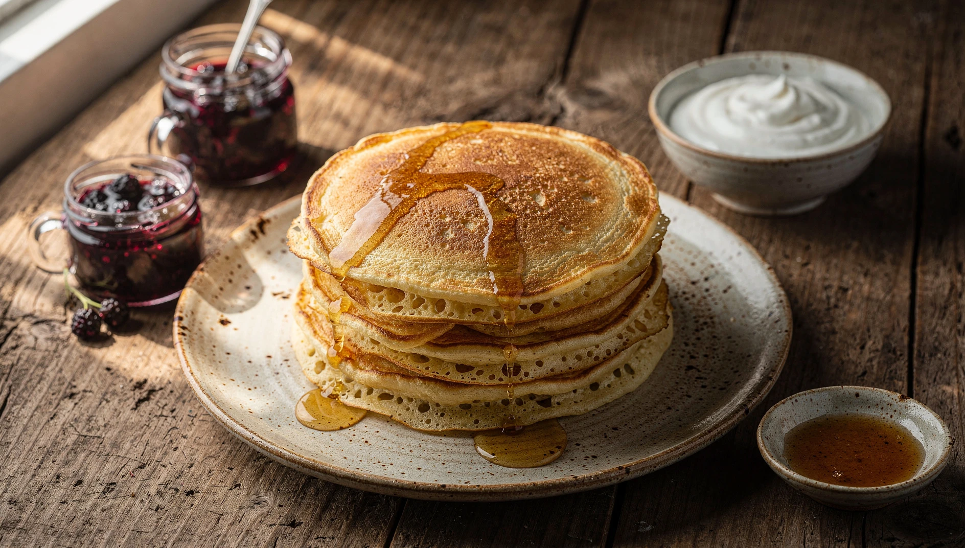 Tortitas yakutas doradas apiladas en un plato de cerámica con mermelada de bayas y crema agria