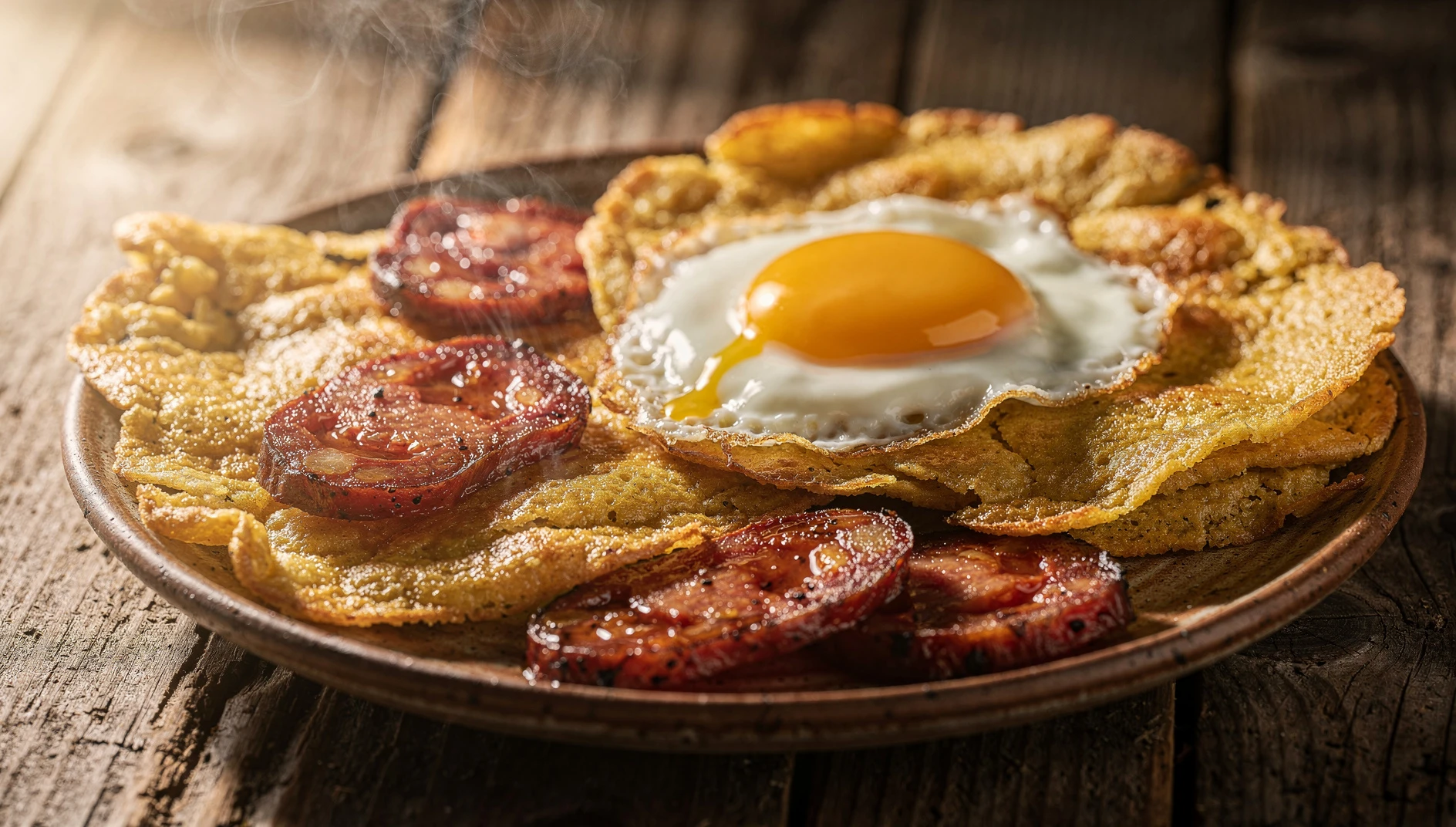 Tortos asturianos fritos sobre plato de barro con huevo frito y chorizo al fondo