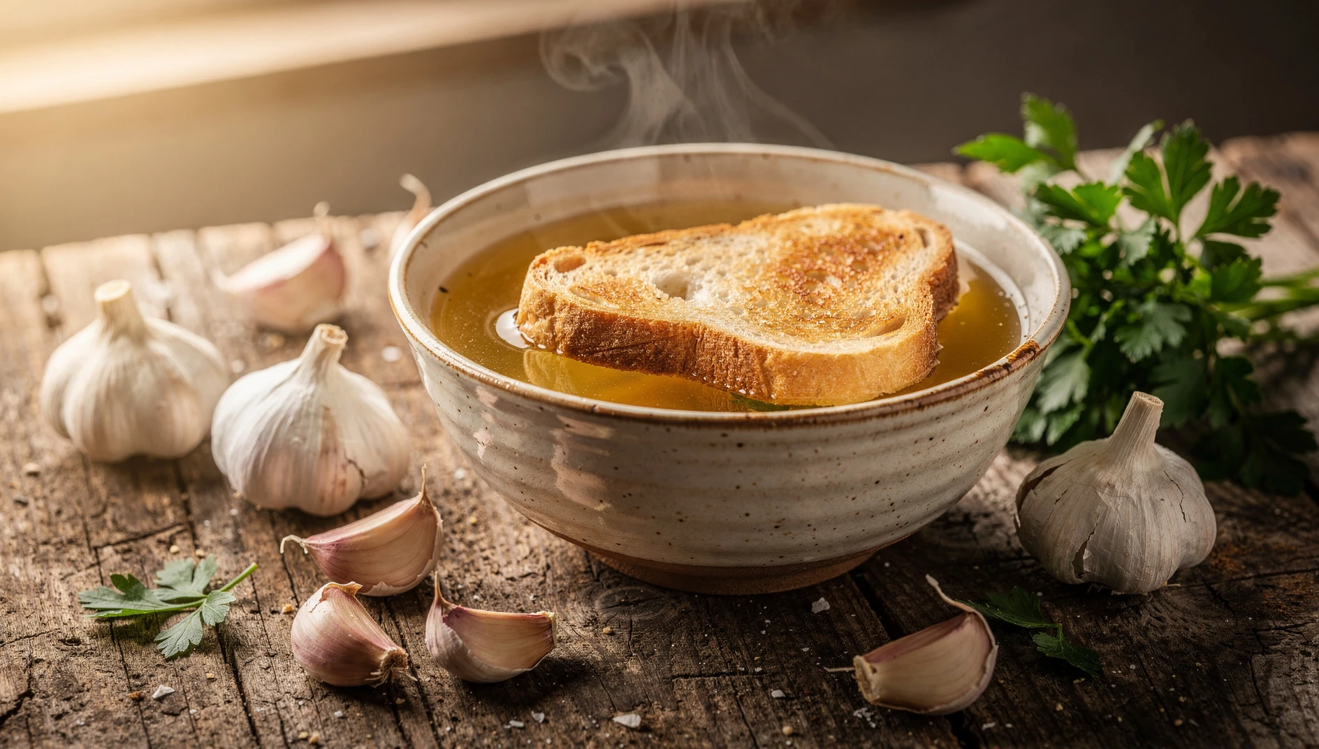 Bol de tourin à l'ail con caldo dorado, pan de campo tostado y ajo fresco sobre mesa rústica de madera