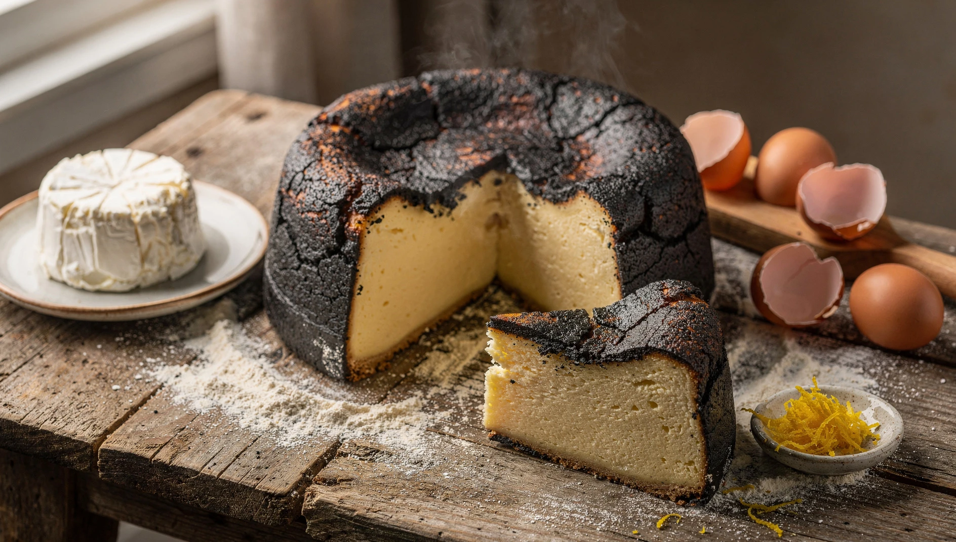 Tourteau fromager entero con su corteza negra característica junto a una porción cortada que muestra el interior cremoso y esponjoso