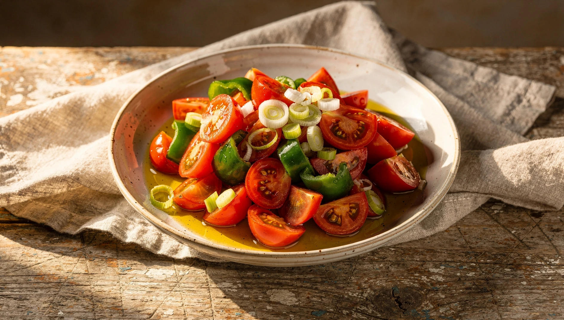 Bol de trempó mallorquín con tomate, pimiento verde y cebolla aliñados con aceite de oliva