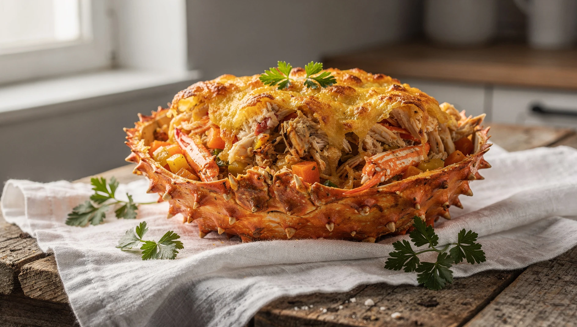 Txangurro a la donostiarra servido en el caparazón del centollo con costra dorada gratinada y perejil fresco