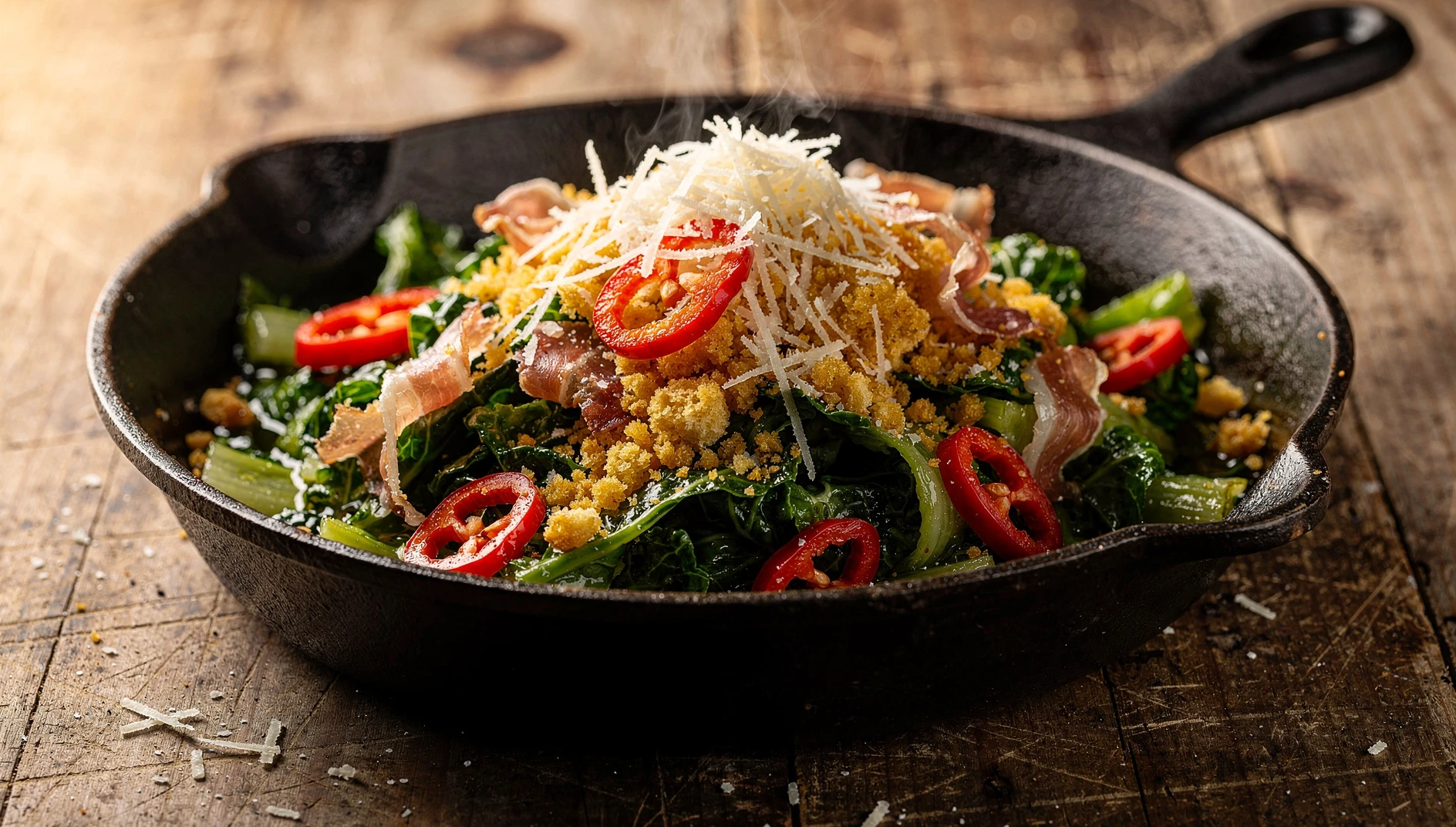 Sartén con Utica greens de escarola salteada con pimientos picantes, pan rallado tostado y queso Pecorino Romano