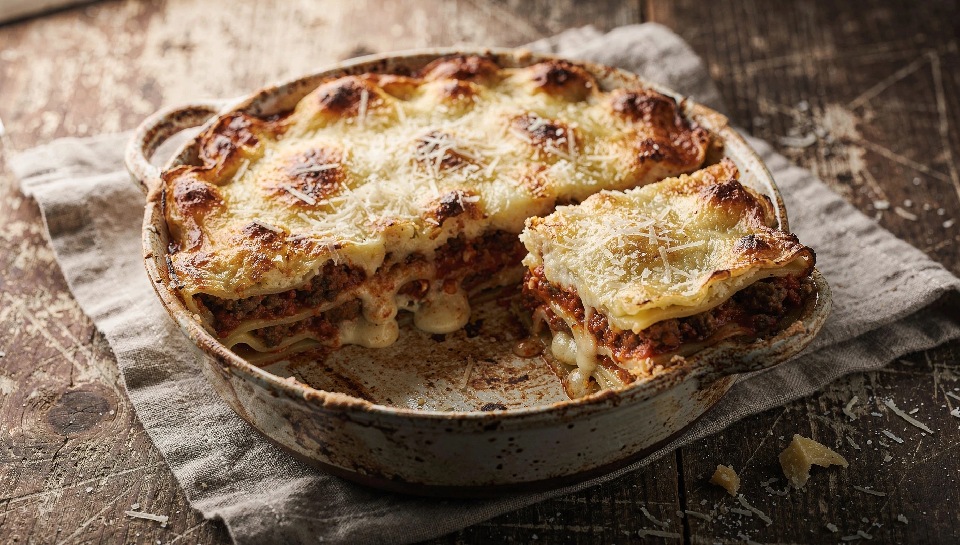 Vincisgrassi marchigianos recién horneados con capas de pasta, ragú de carnes y bechamel en una fuente de barro