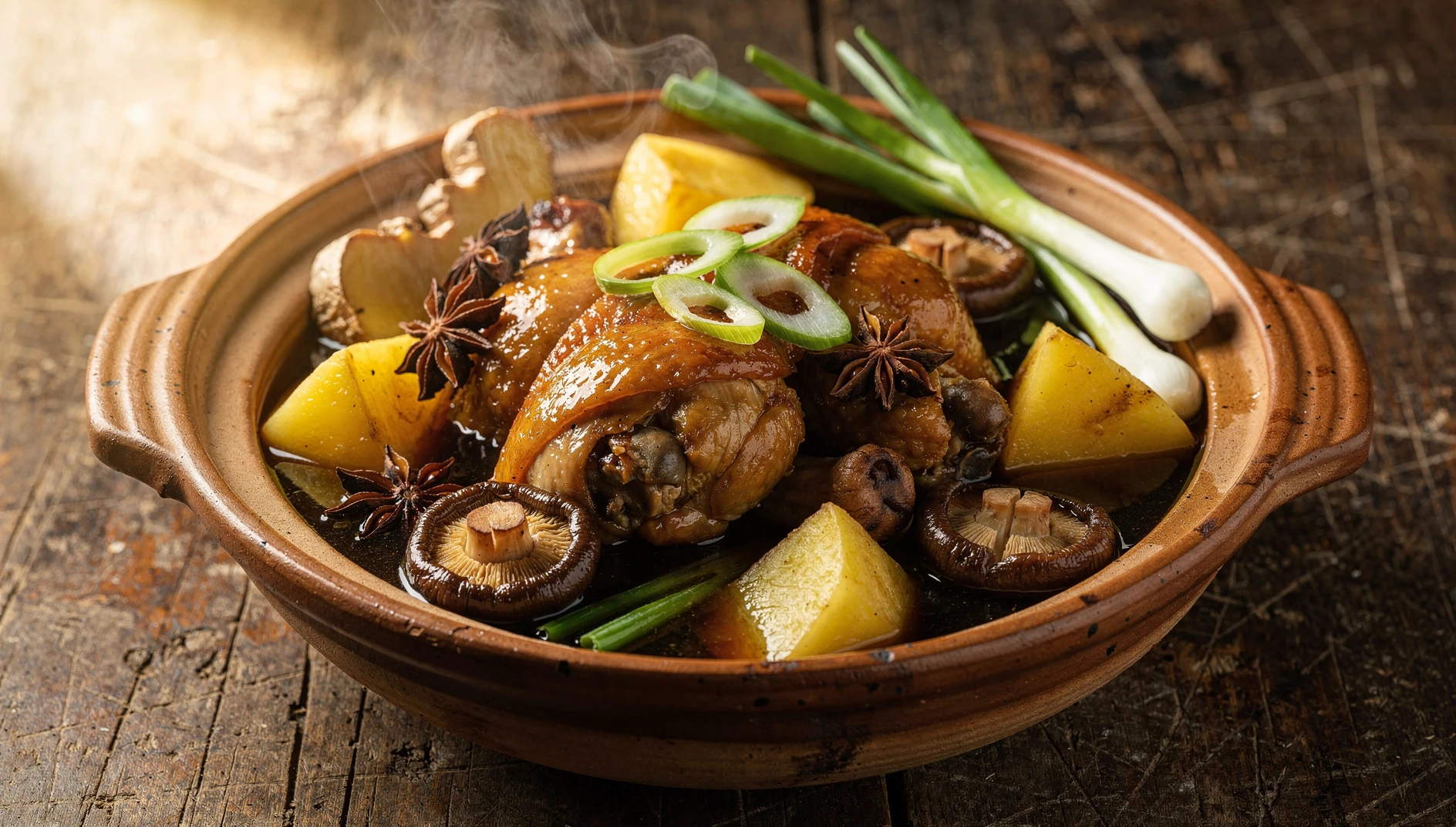 Guiso chino de pollo con setas shiitake y patatas en cazuela de barro, estilo Dongbei