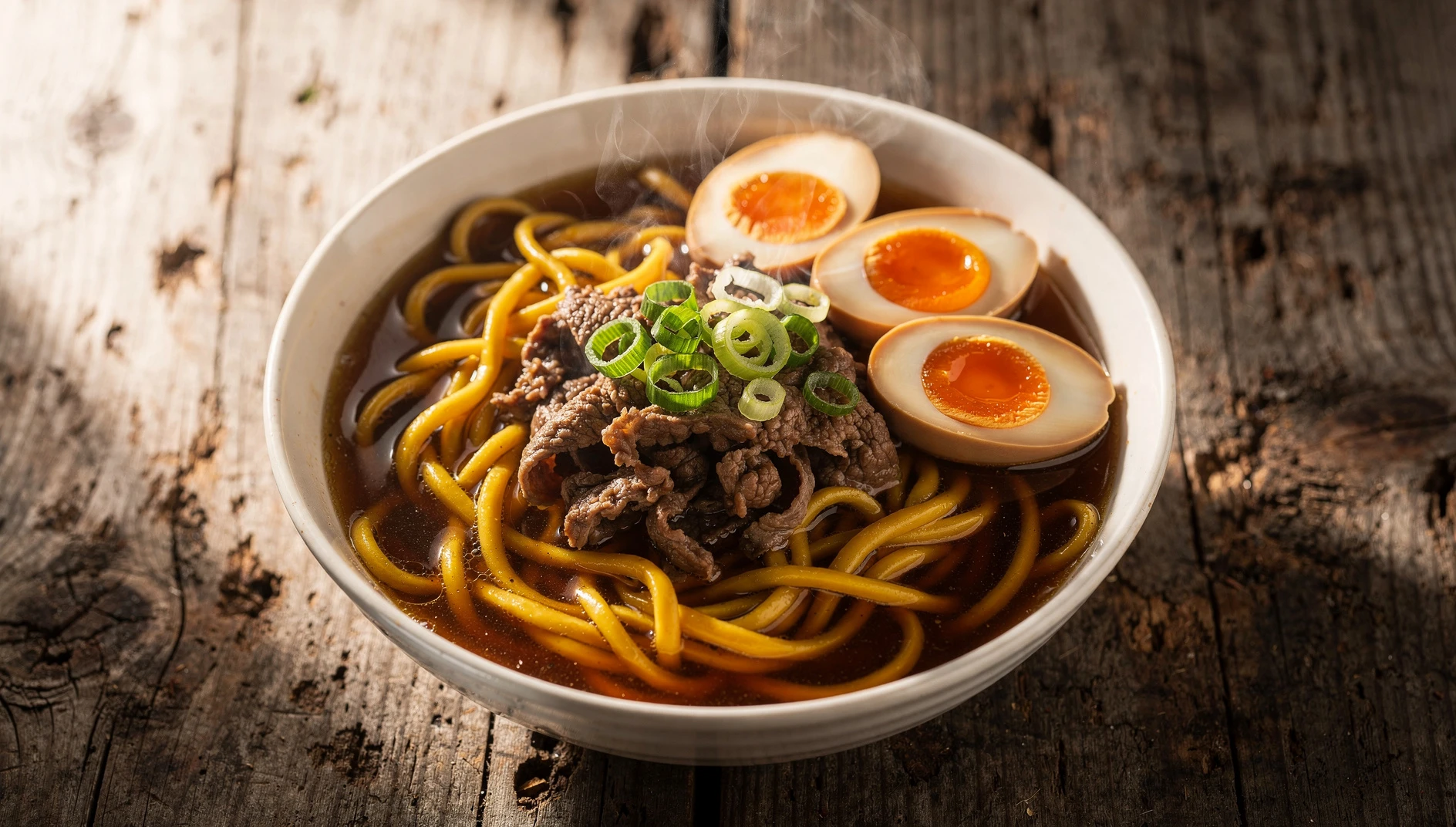 Tazón de ya-ka-mein de Nueva Orleans con fideos, carne desmenuzada, huevo cocido y cebolleta fresca