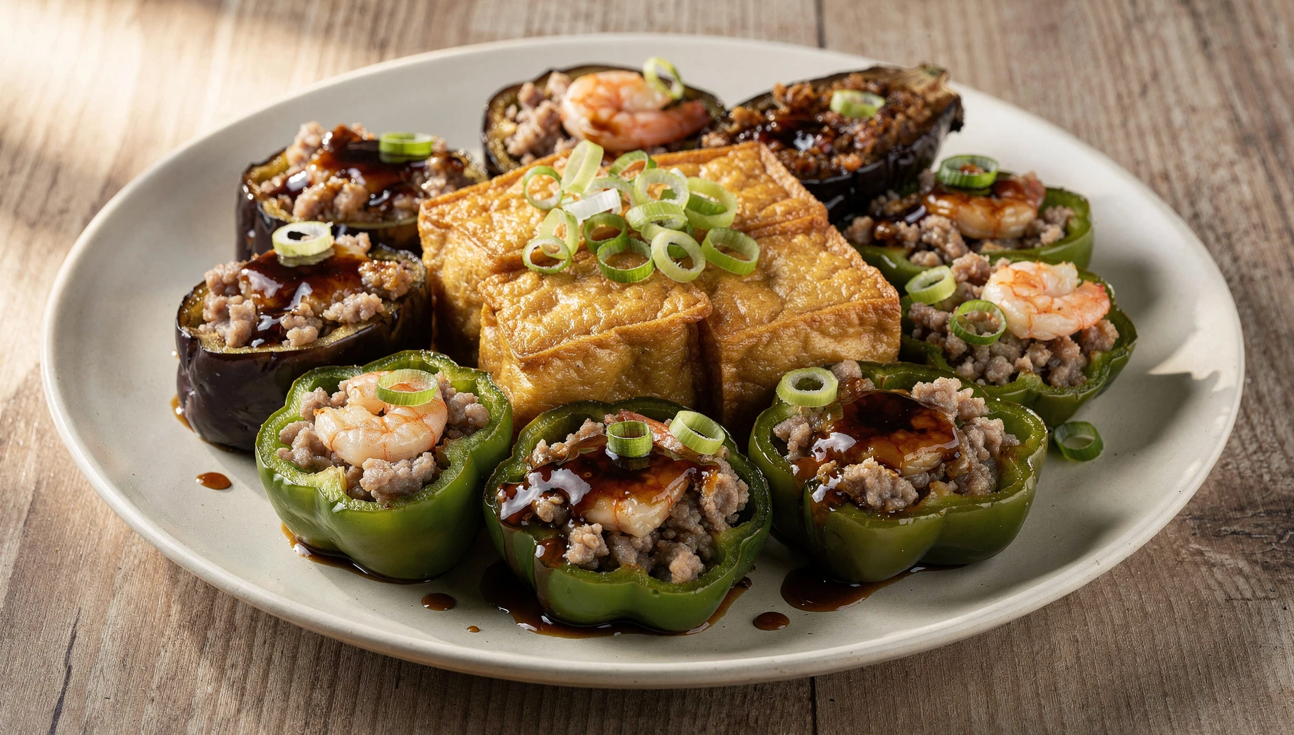 Plato de yong tau foo hakka con tofu y verduras rellenas de carne y gambas, bañados en salsa de soja