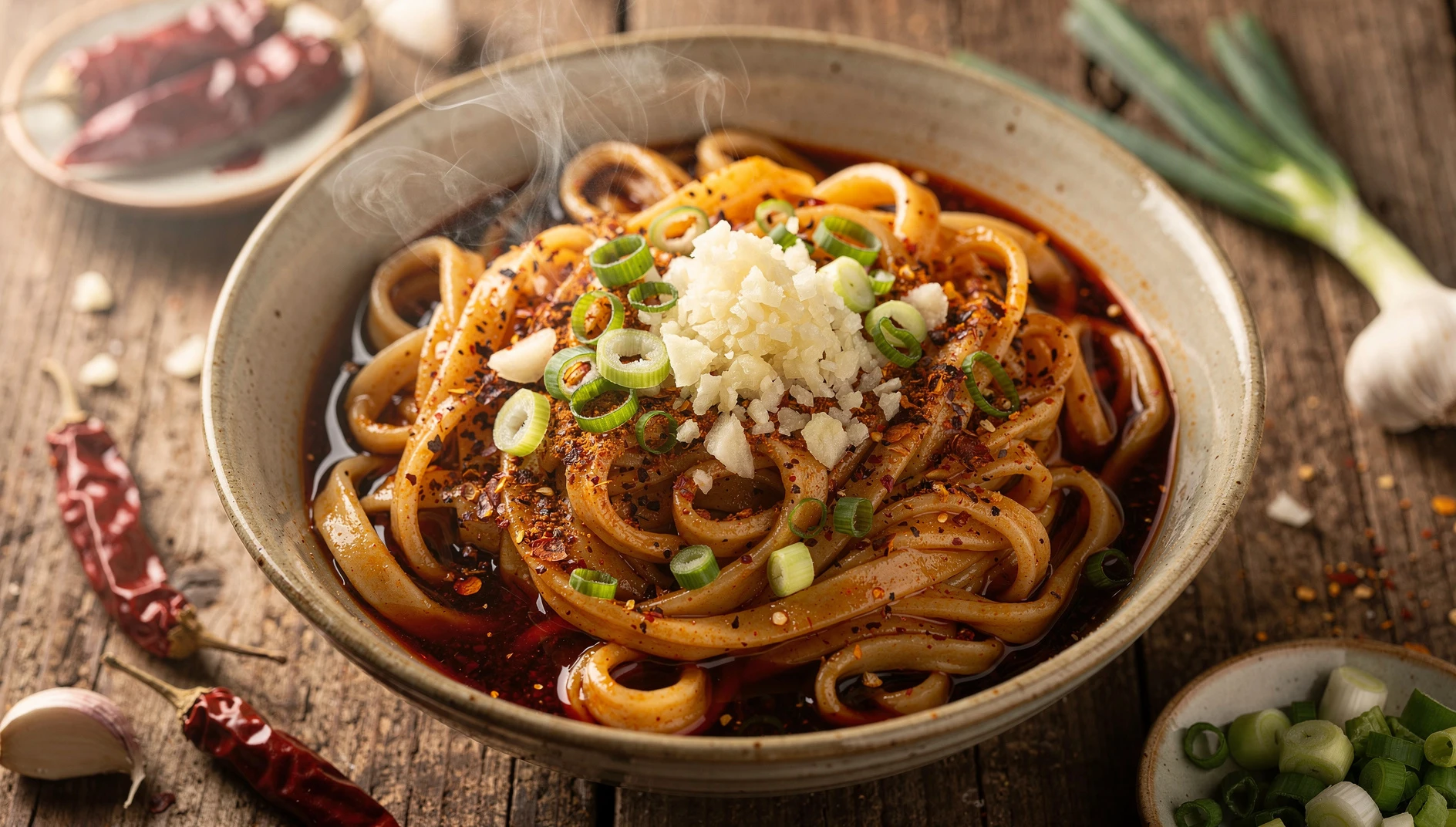 Bol de you po mian con fideos anchos, aceite de chile, ajo y cebolleta picada