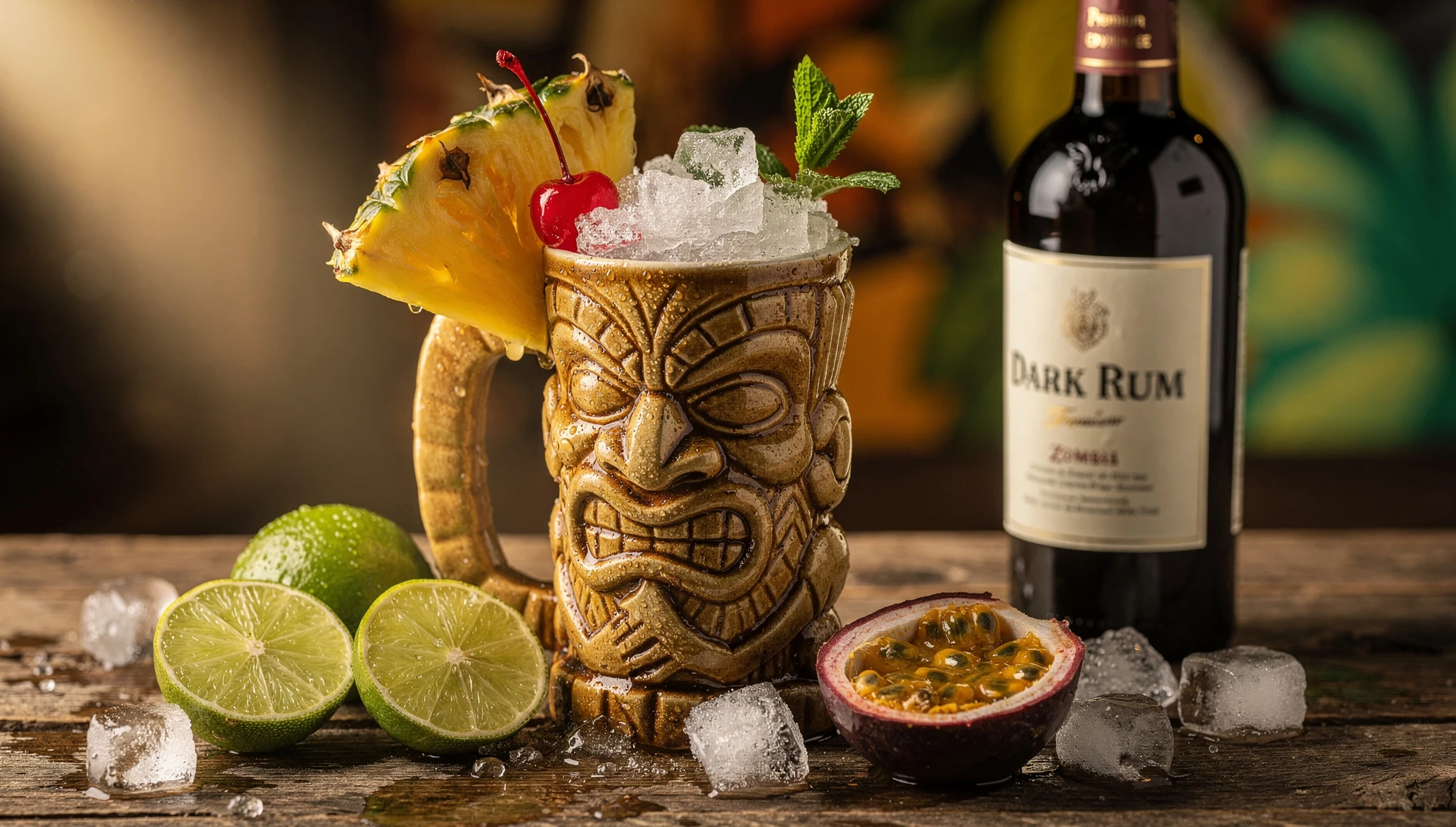 Cóctel Zombie servido en tiki mug con hielo picado, rodaja de piña, cereza y menta sobre mesa de madera