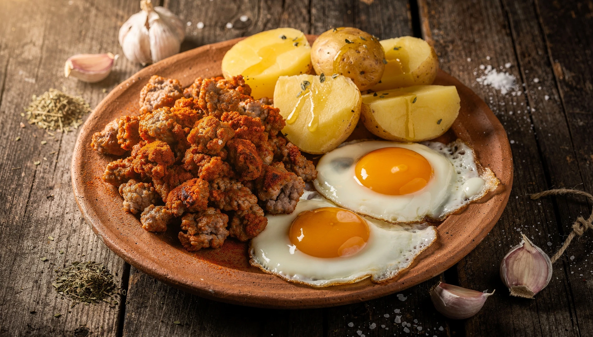 Plato de zorza gallega con carne de cerdo adobada con pimentón, acompañada de huevos fritos y patatas