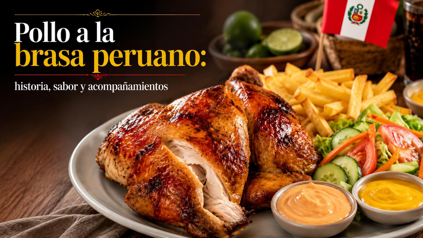 Pollo a la brasa peruano con papas fritas, ensalada fresca y salsas típicas
