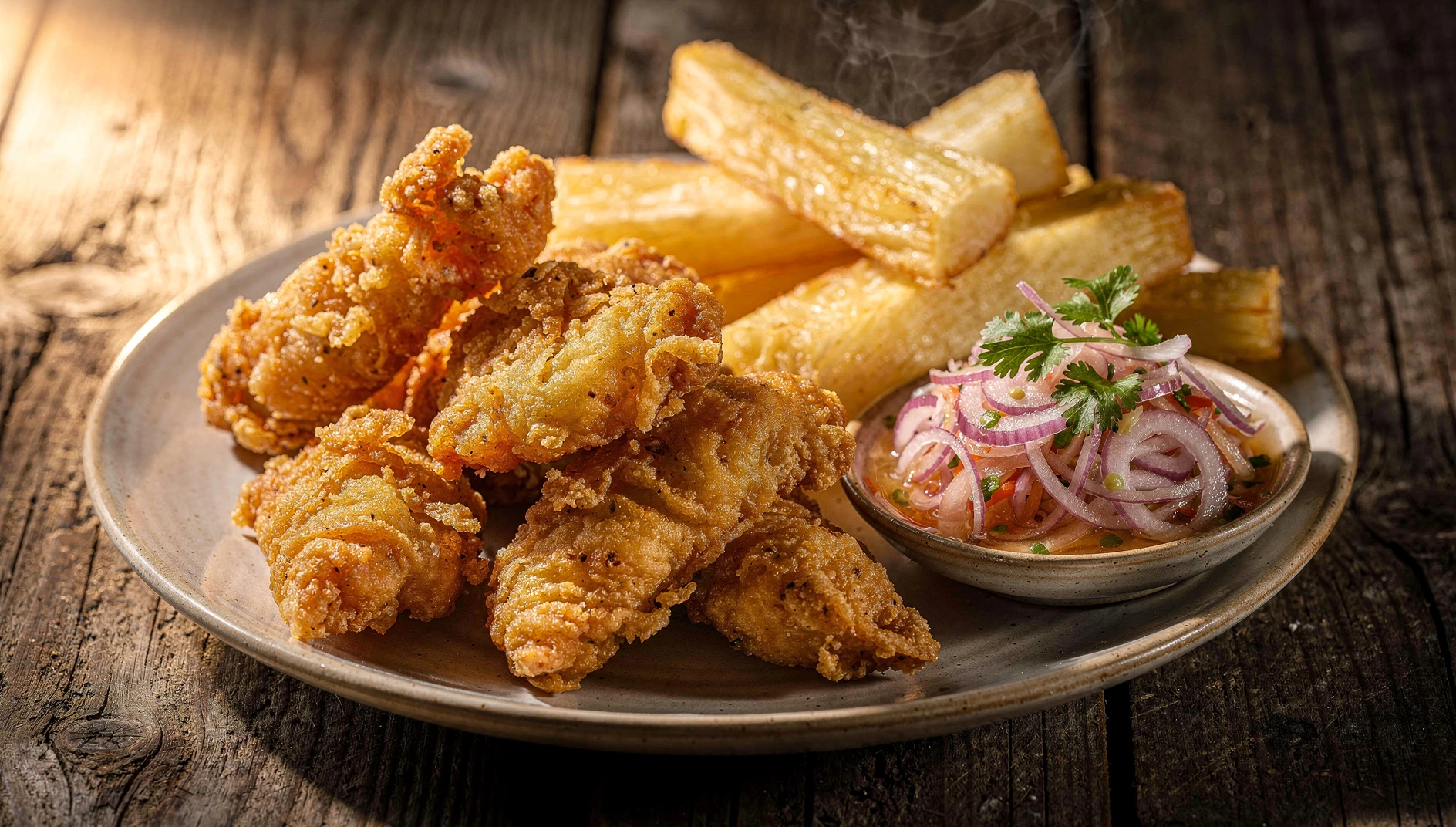 Chicharrón de pescado peruano dorado y crocante servido con yuca frita y salsa criolla sobre mesa de madera