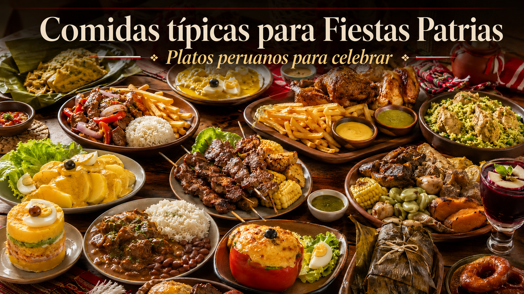 Mesa con comidas típicas peruanas para Fiestas Patrias, con lomo saltado, anticuchos, pollo a la brasa, causa limeña y postres tradicionales.