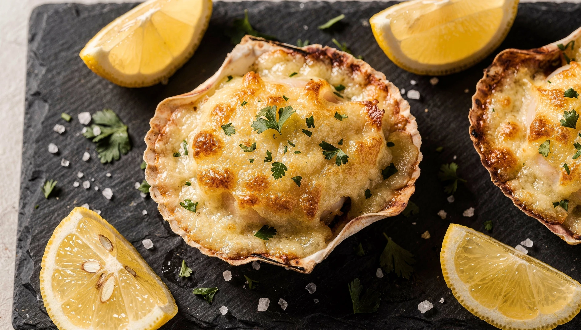 Conchitas a la parmesana gratinadas en sus valvas con queso dorado y perejil fresco sobre pizarra oscura