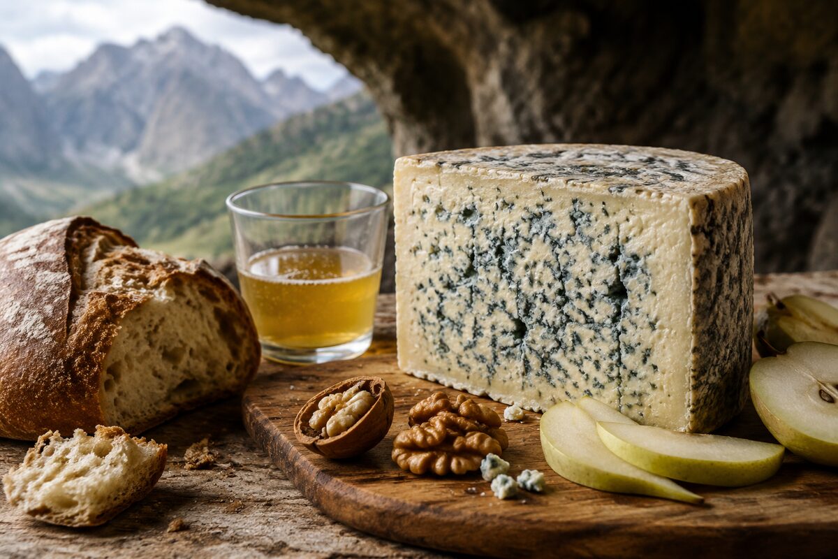 Queso Cabrales con pan, pera, nueces y sidra asturiana
