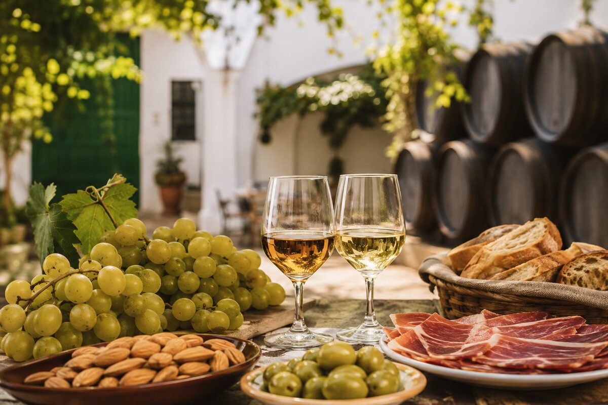 Uvas, vinos de Jerez, jamón, aceitunas y almendras en una bodega