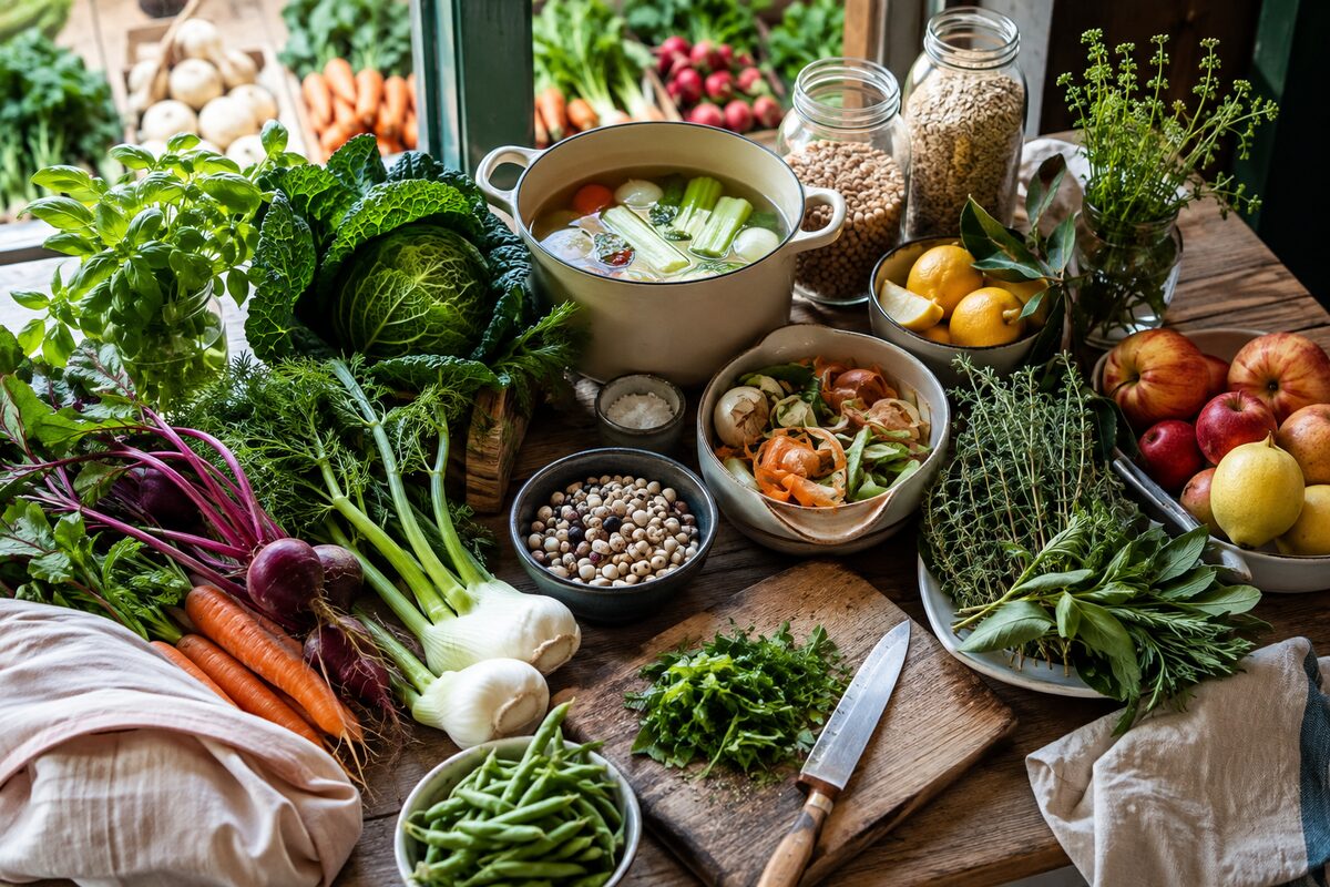 Verduras, frutas, legumbres y hierbas locales para una cocina sostenible