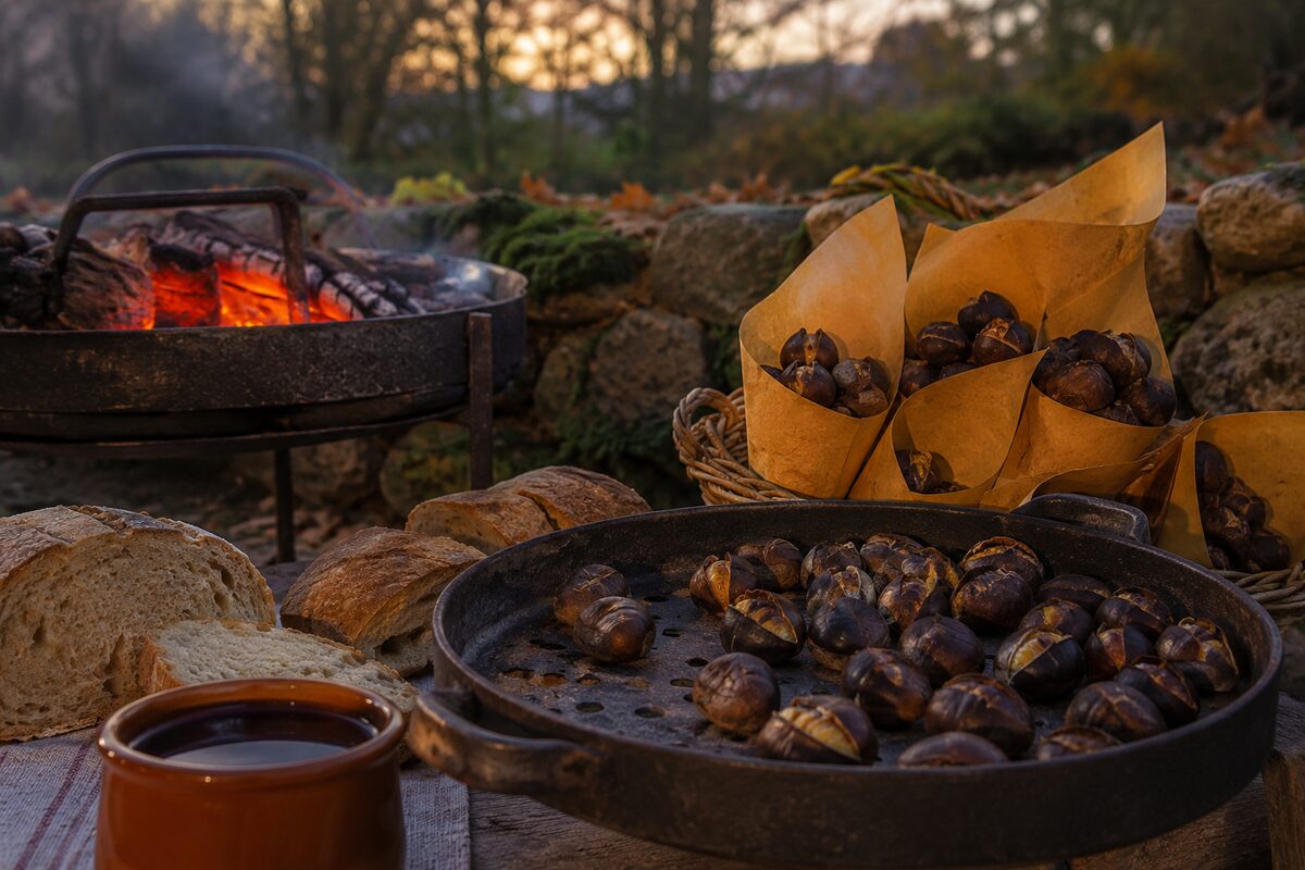 Castañas asadas en un magosto tradicional gallego
