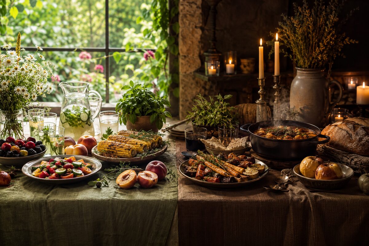 Mesa con menú de solsticio de verano e invierno
