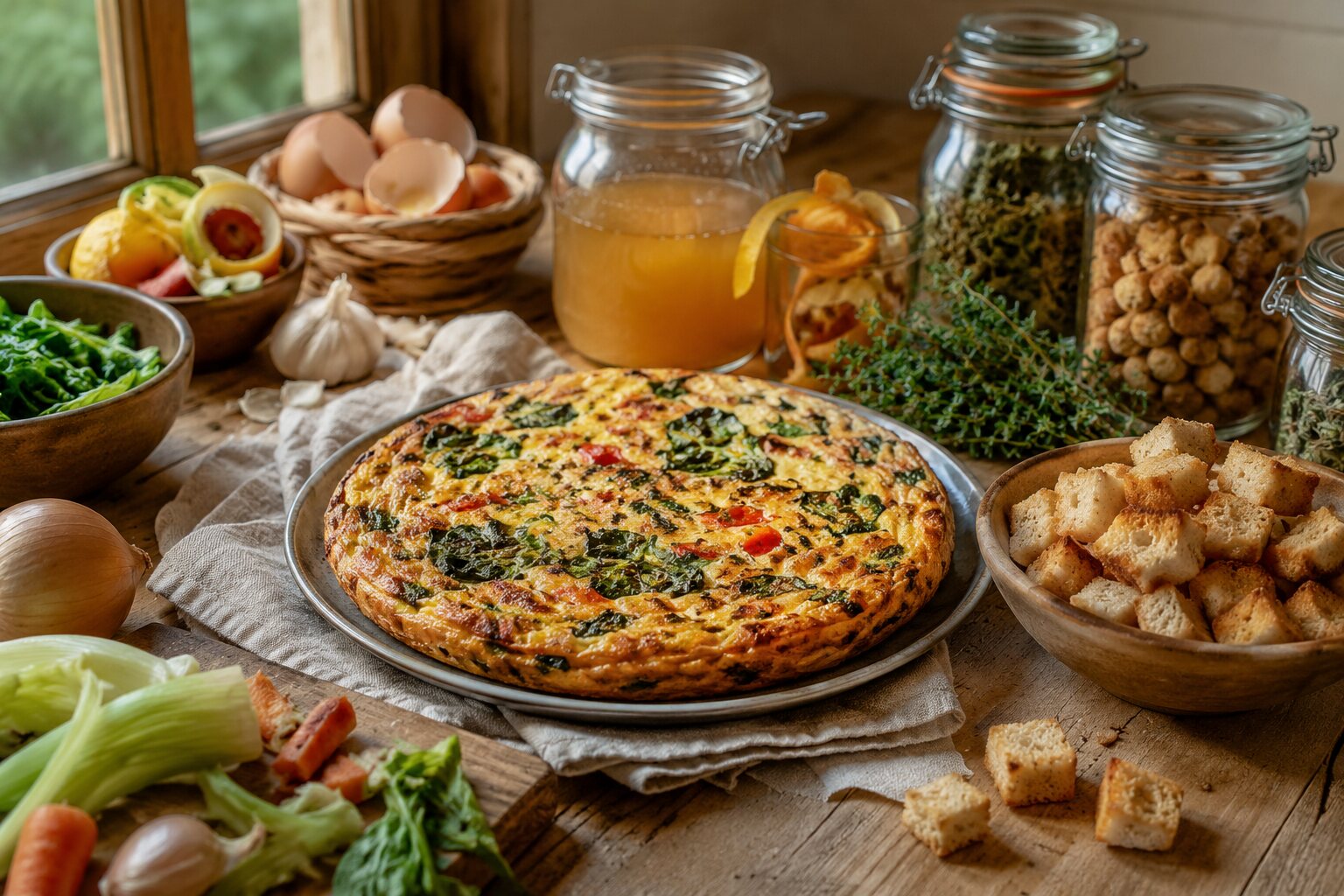 Cocina de aprovechamiento con pan, verduras y preparaciones caseras